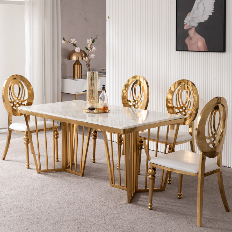 Luxury Gold Metal Dining Chair with White Upholstered Seat and Decorative Oval Back