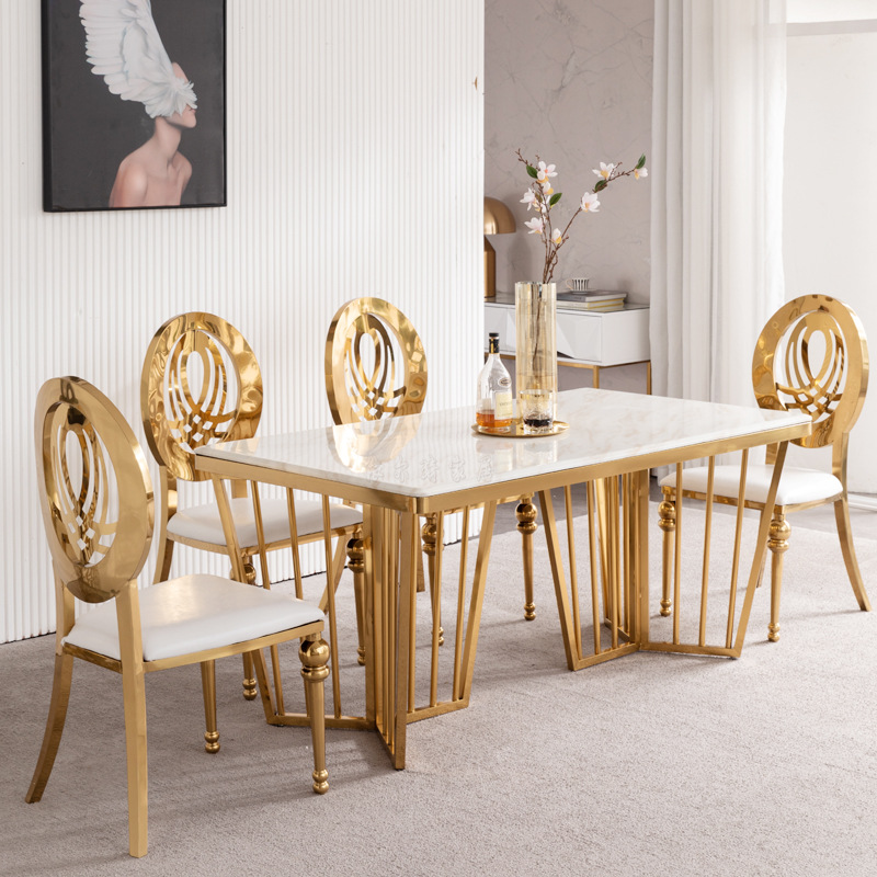 Luxury Gold Metal Dining Chair with White Upholstered Seat and Decorative Oval Back