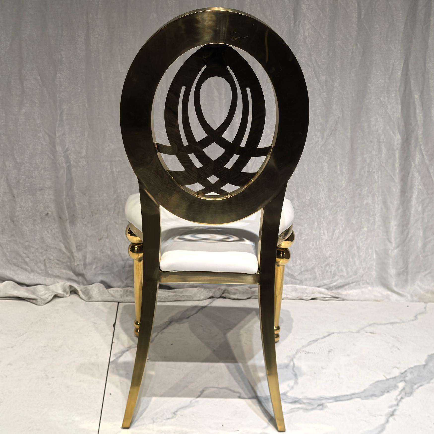 Luxury Gold Metal Dining Chair with White Upholstered Seat and Decorative Oval Back