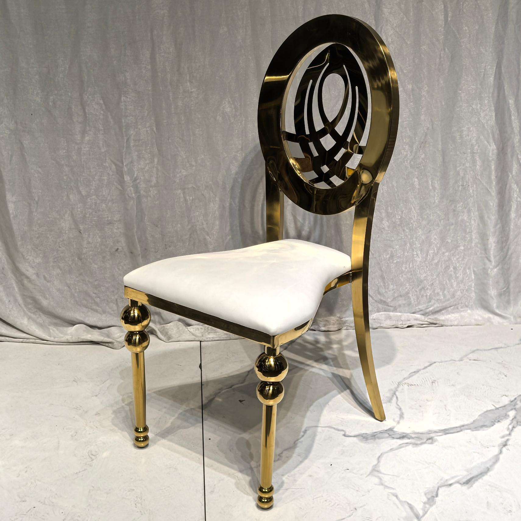 Luxury Gold Metal Dining Chair with White Upholstered Seat and Decorative Oval Back