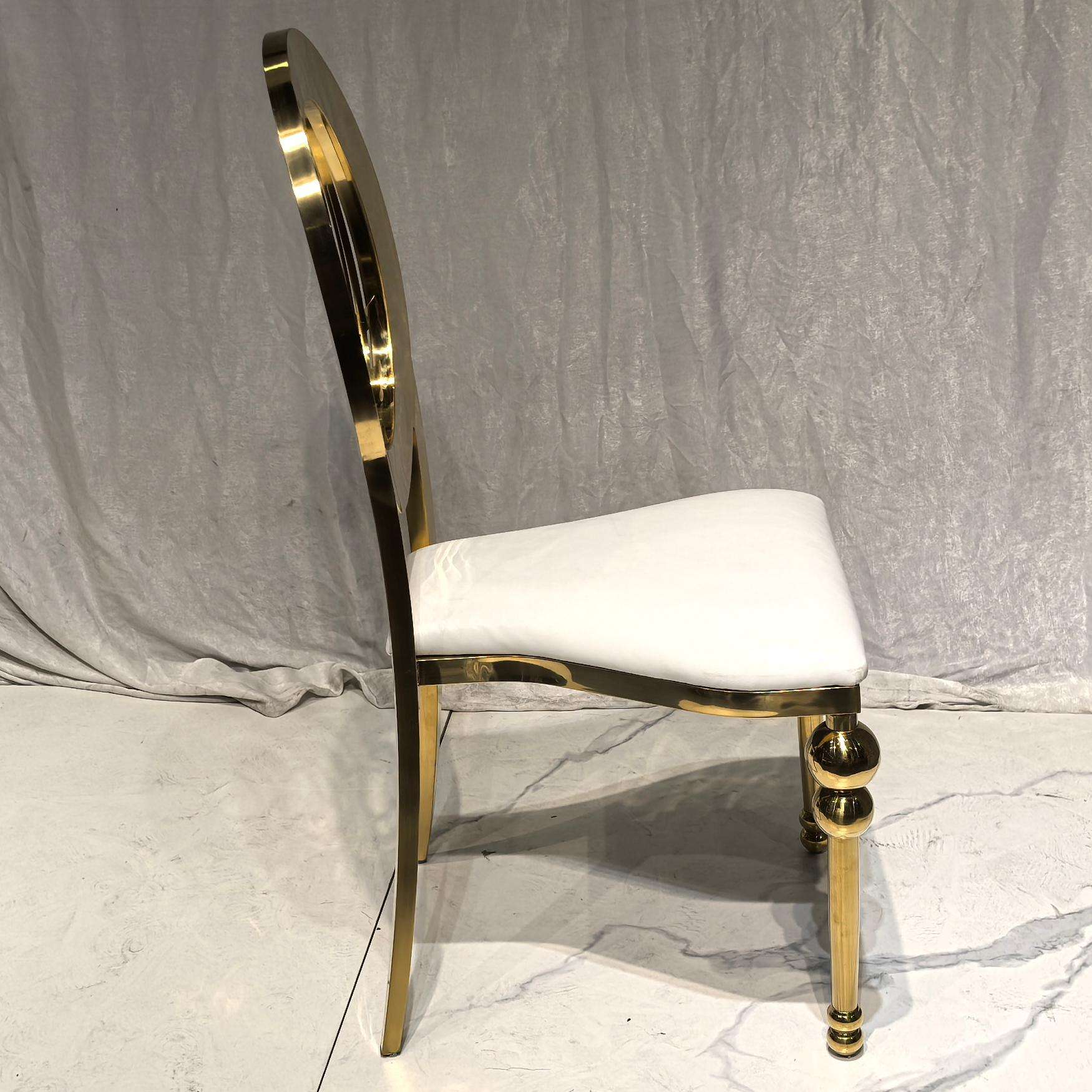 Luxury Gold Metal Dining Chair with White Upholstered Seat and Decorative Oval Back