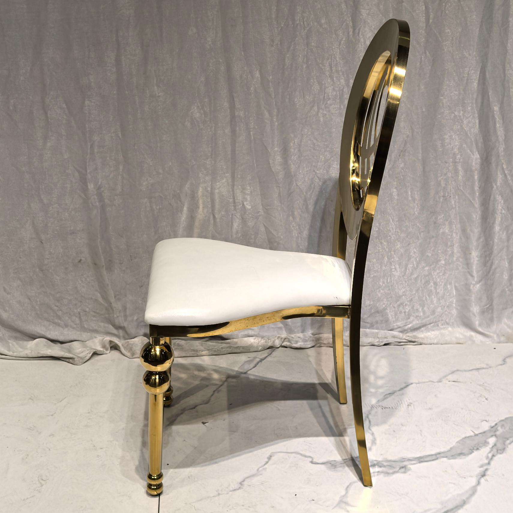 Luxury Gold Metal Dining Chair with White Upholstered Seat and Decorative Oval Back