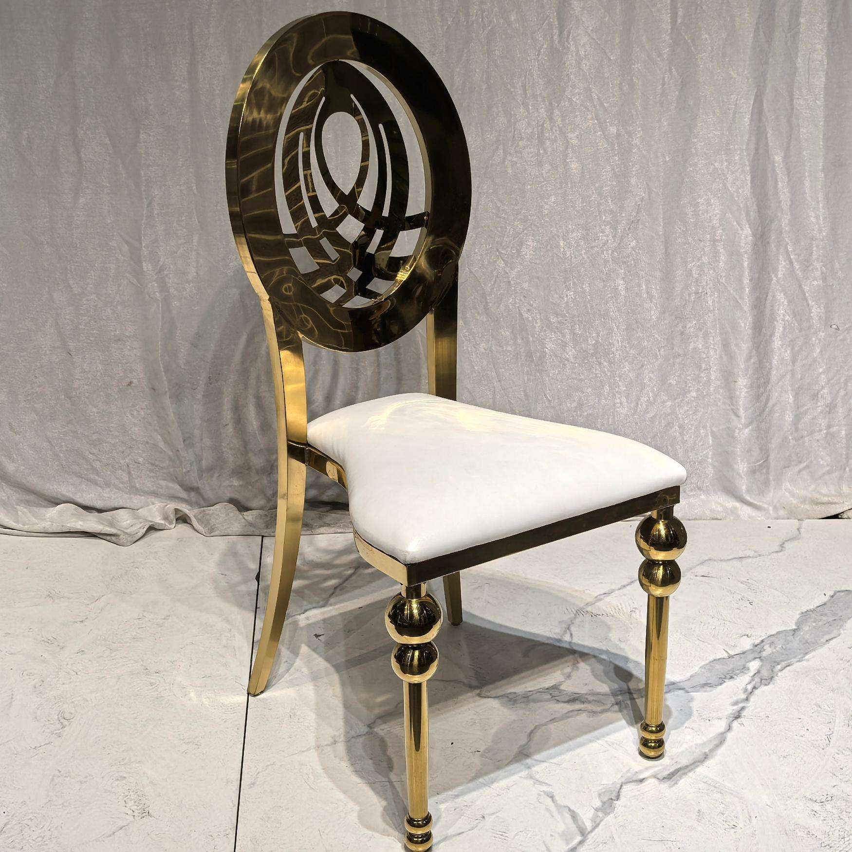 Luxury Gold Metal Dining Chair with White Upholstered Seat and Decorative Oval Back