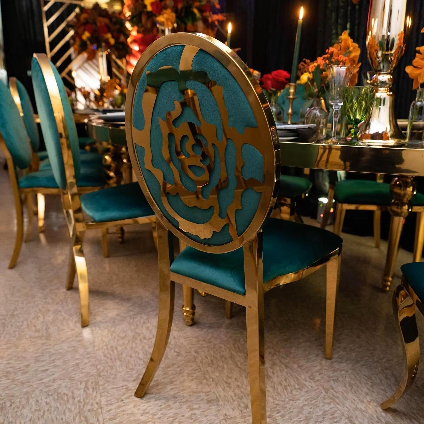 Luxury gold metal dining chairs with camellia - shaped backrest cutouts