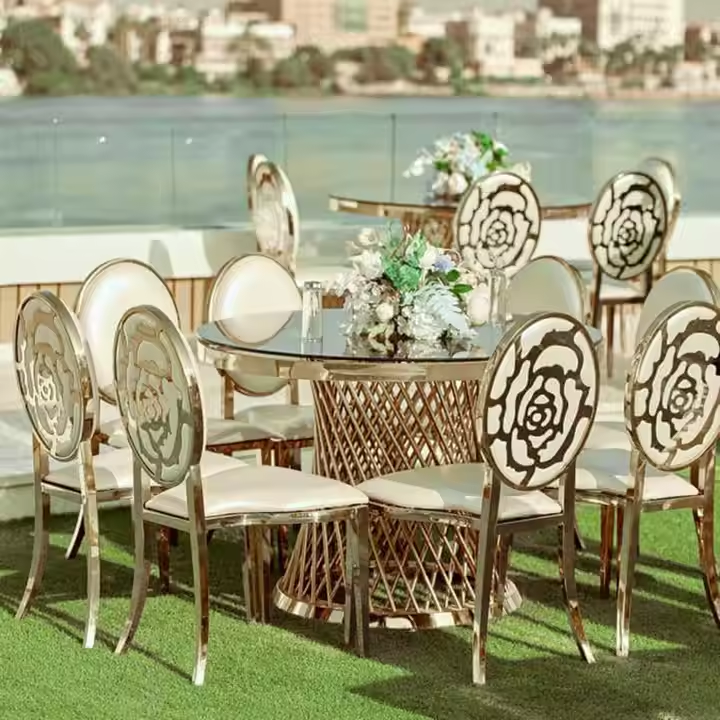 Luxury gold metal dining chairs with camellia - shaped backrest cutouts