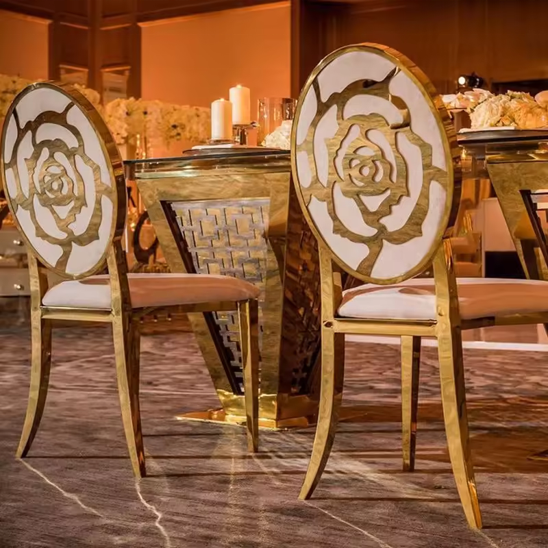 Luxury gold metal dining chairs with camellia - shaped backrest cutouts