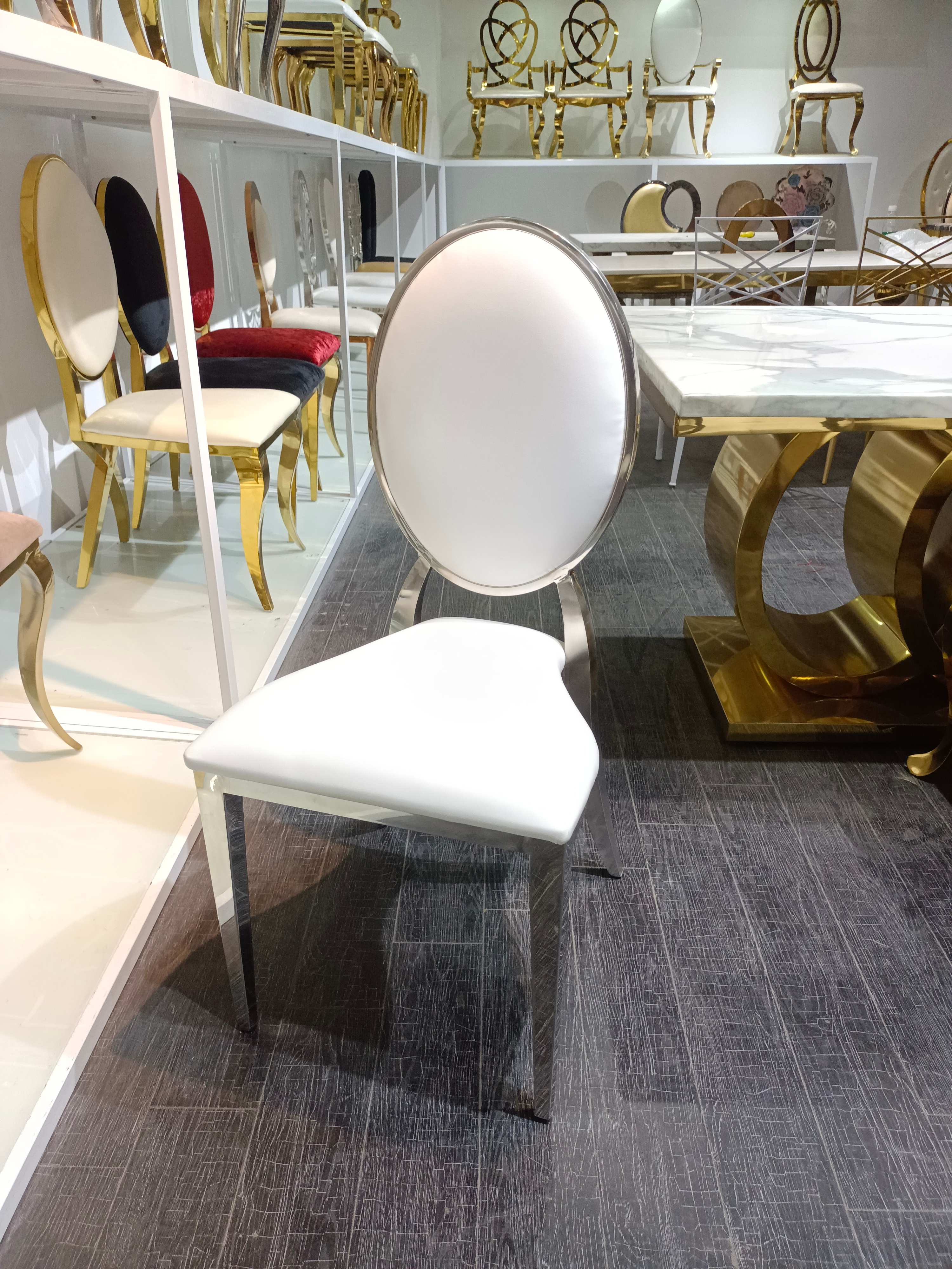 Modern Gold Frame Dining Chair - White Faux Leather Upholstered Oval Back Chair 
