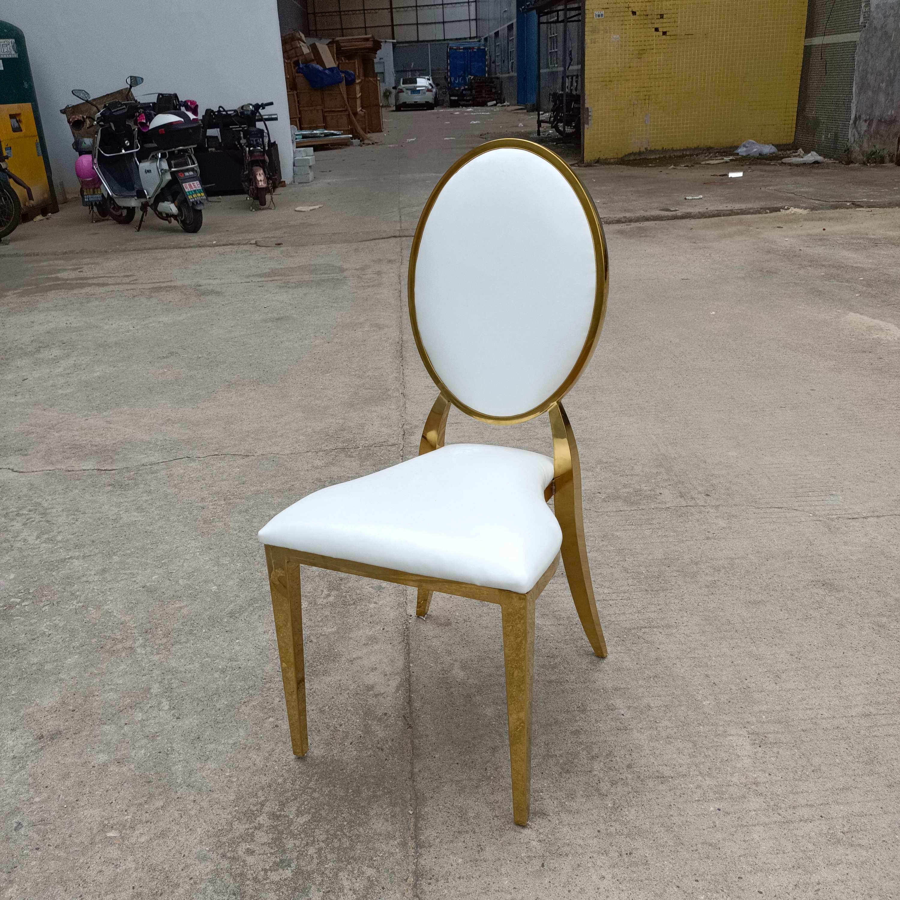 Modern Gold Frame Dining Chair - White Faux Leather Upholstered Oval Back Chair 