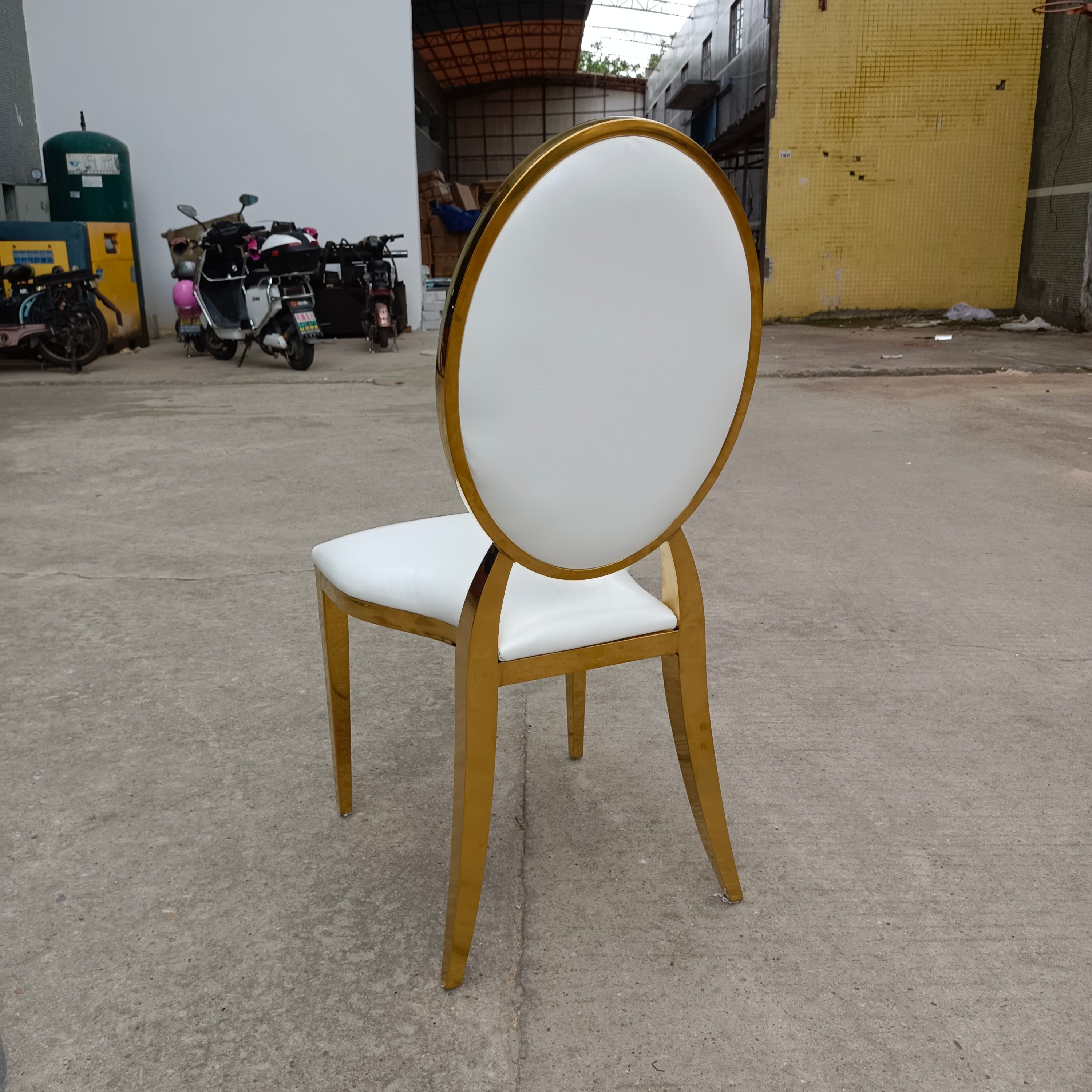 Modern Gold Frame Dining Chair - White Faux Leather Upholstered Oval Back Chair 
