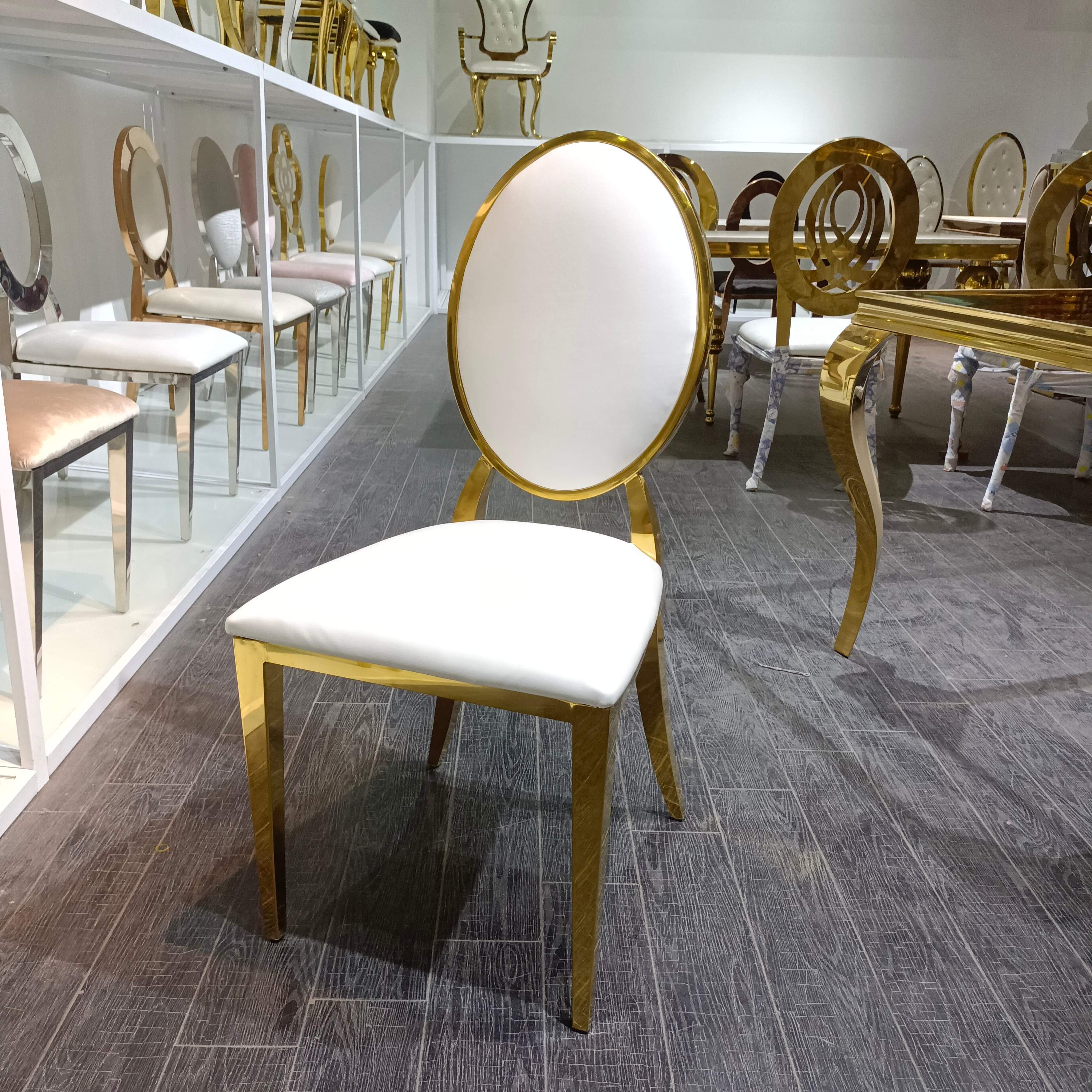 Modern Gold Frame Dining Chair - White Faux Leather Upholstered Oval Back Chair 