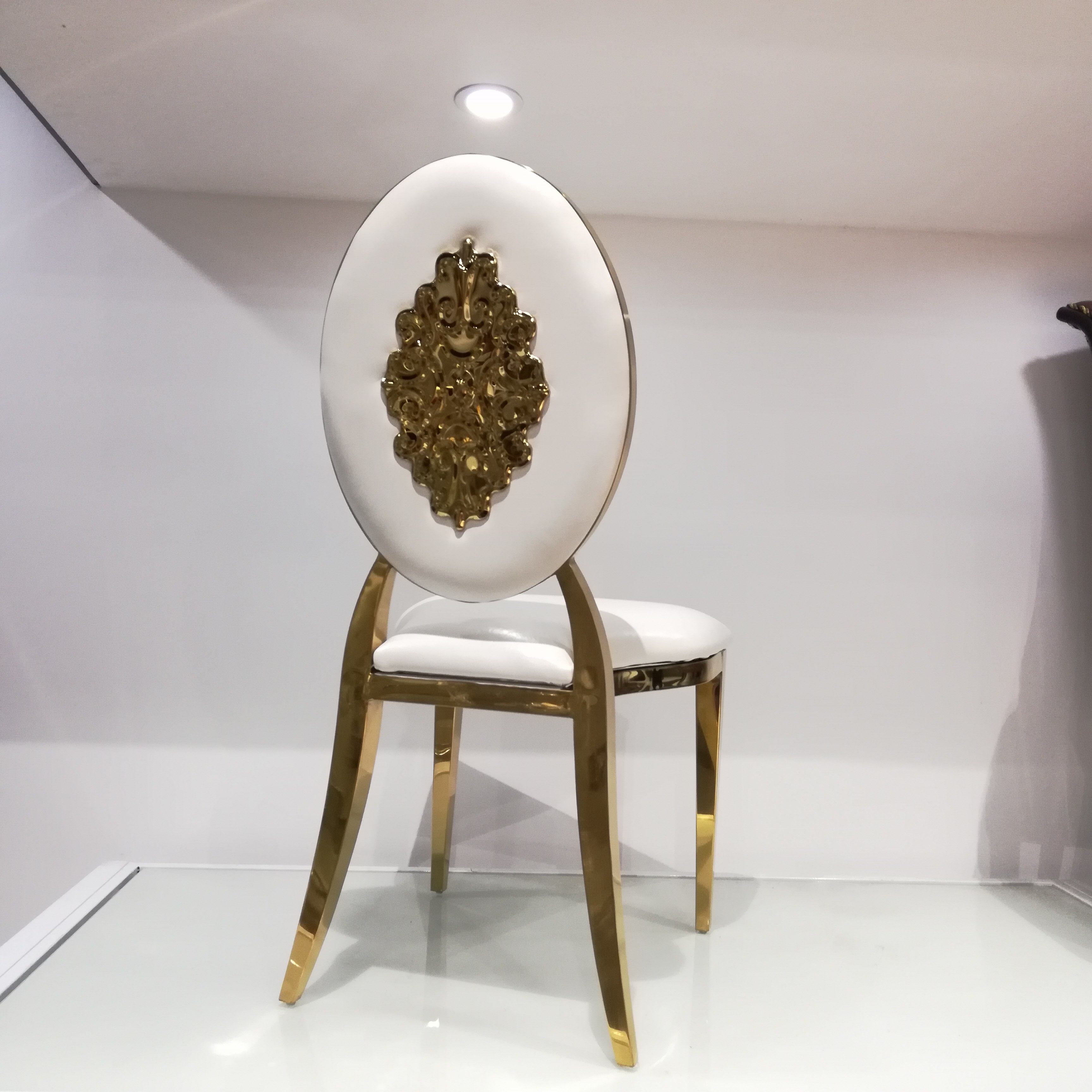 Ornate Baroque Gold Dining Chair - White Upholstered Oval Back with 3D Metal Carving | Luxury Chair