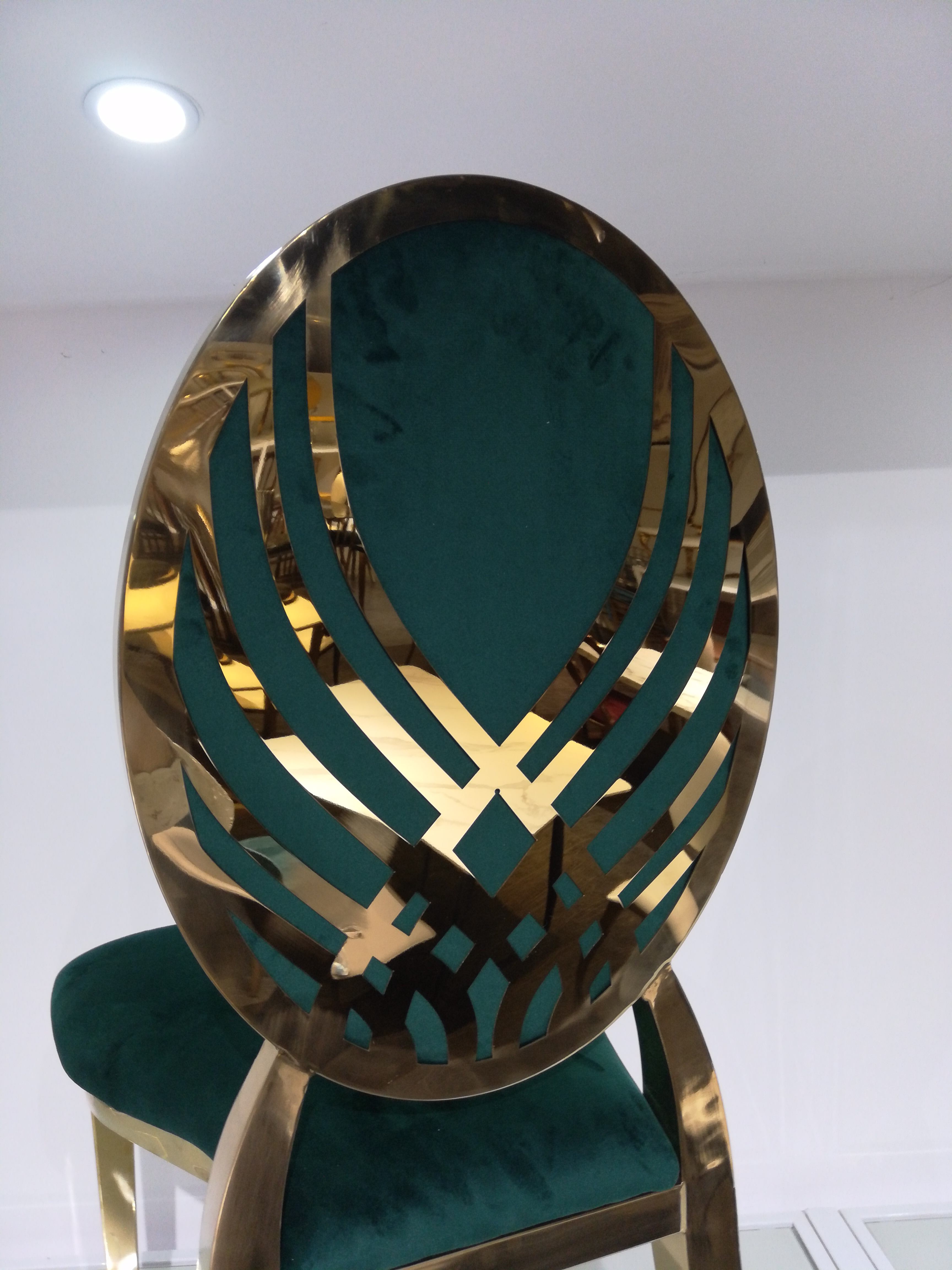Green Velvet & Gold Cutout Dining Chair - Modern Luxury Oval Back Accent Chair