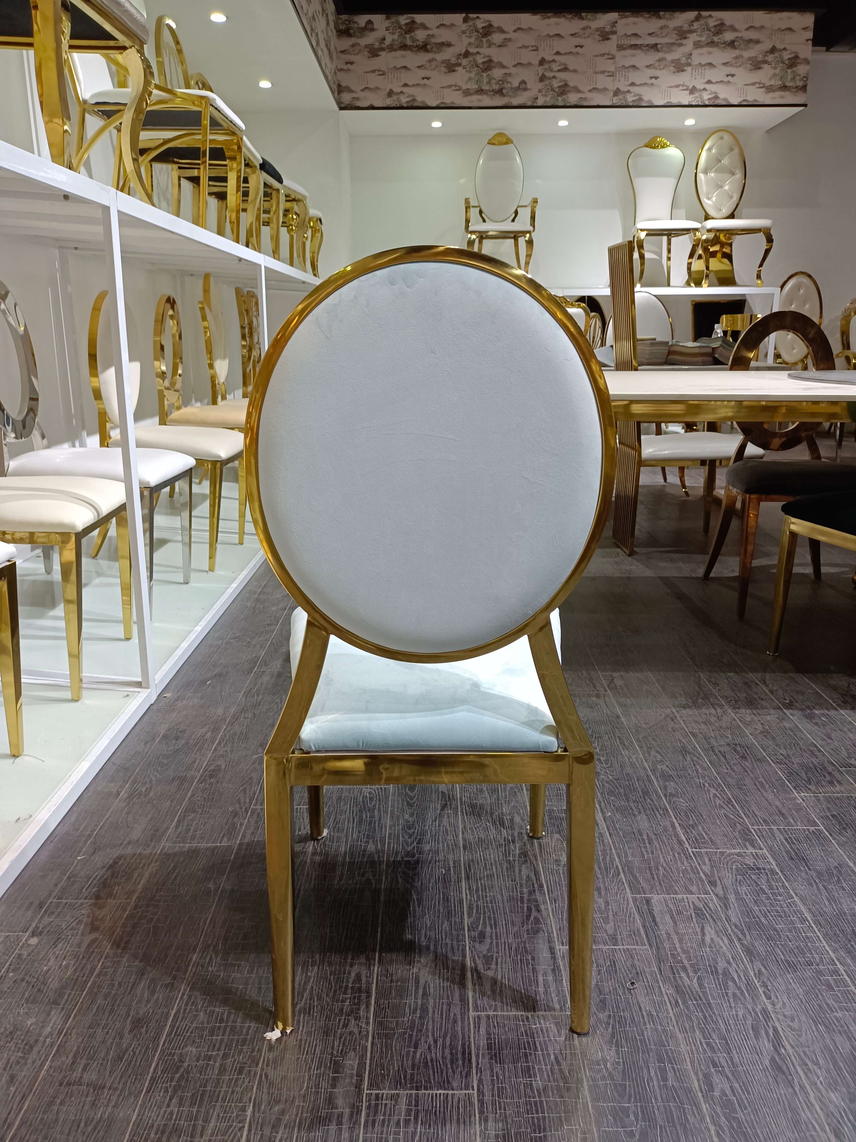 White Velvet & Gold Dining Chair - Modern Oval Back Luxury Accent Chair