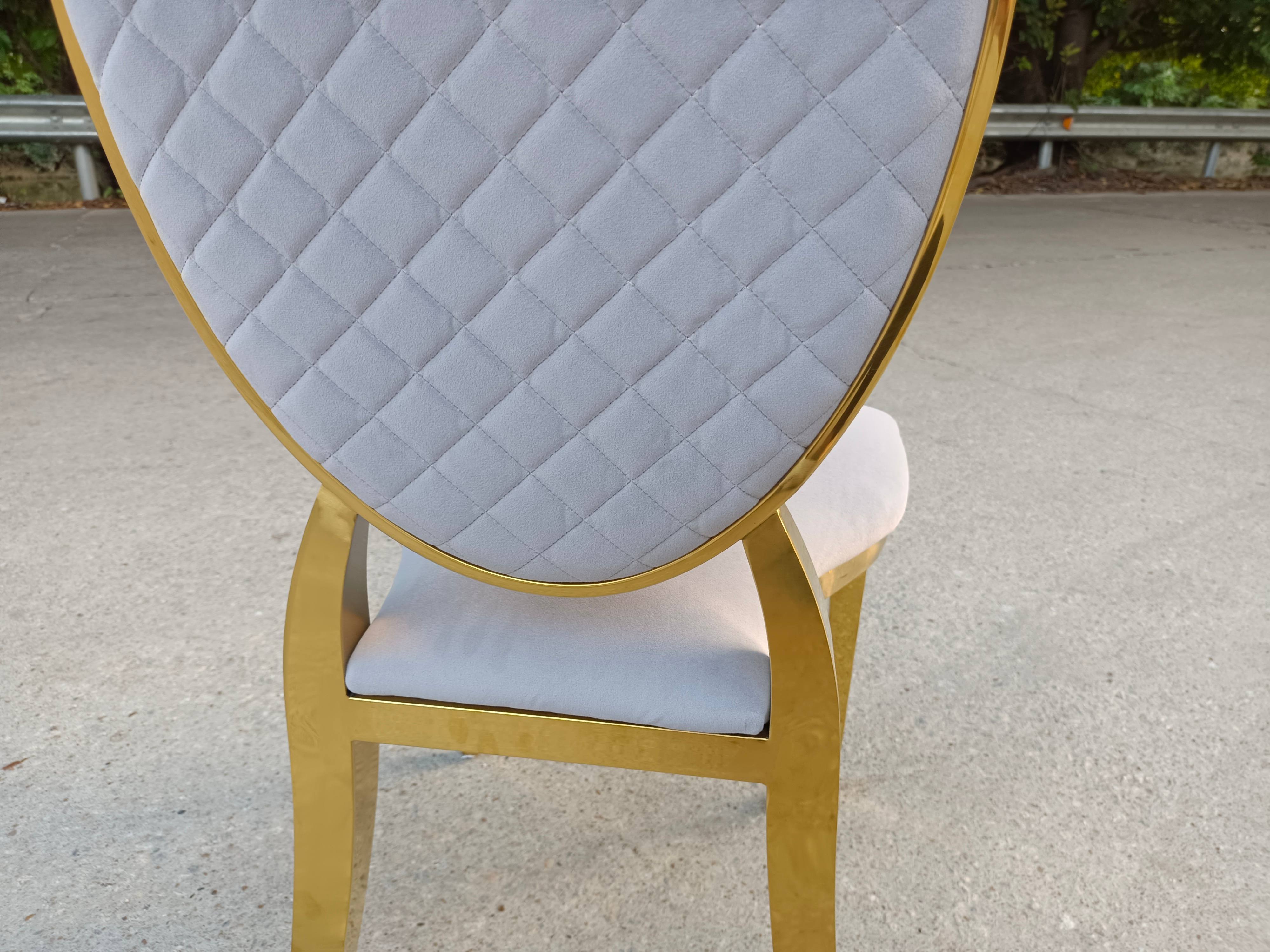 Light Gray Tufted Velvet & Gold Dining Chair - Oval Back Luxury Accent Chair