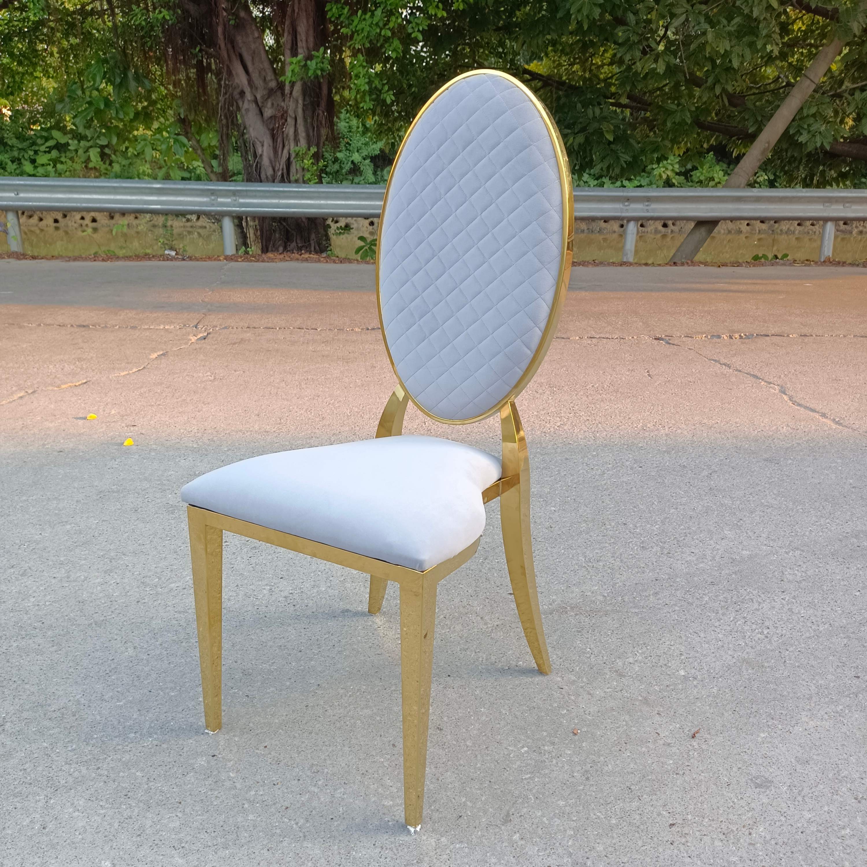 Light Gray Tufted Velvet & Gold Dining Chair - Oval Back Luxury Accent Chair