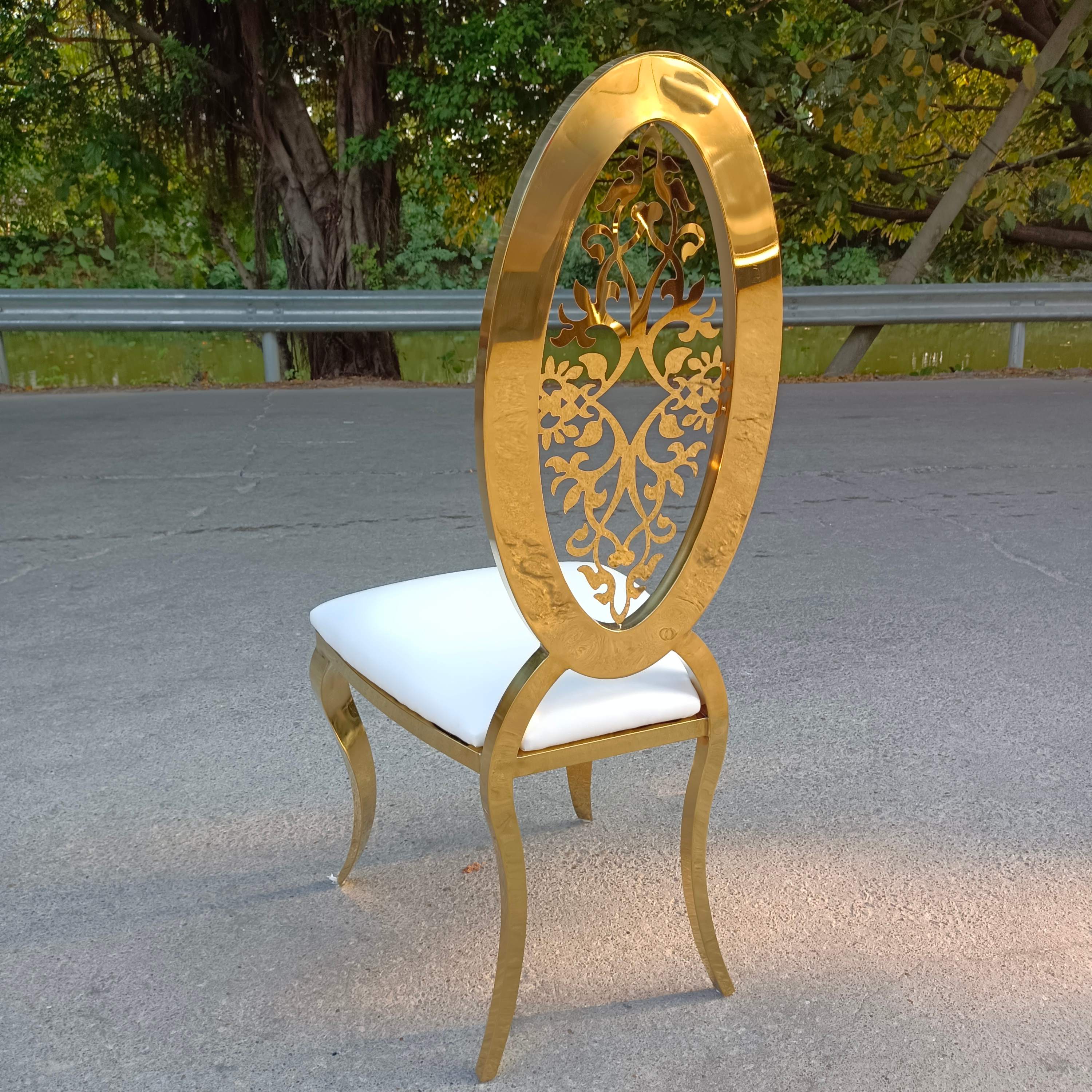 Gold Ornate Cutout Dining Chair - White Upholstered Seat | Baroque Luxury Chair