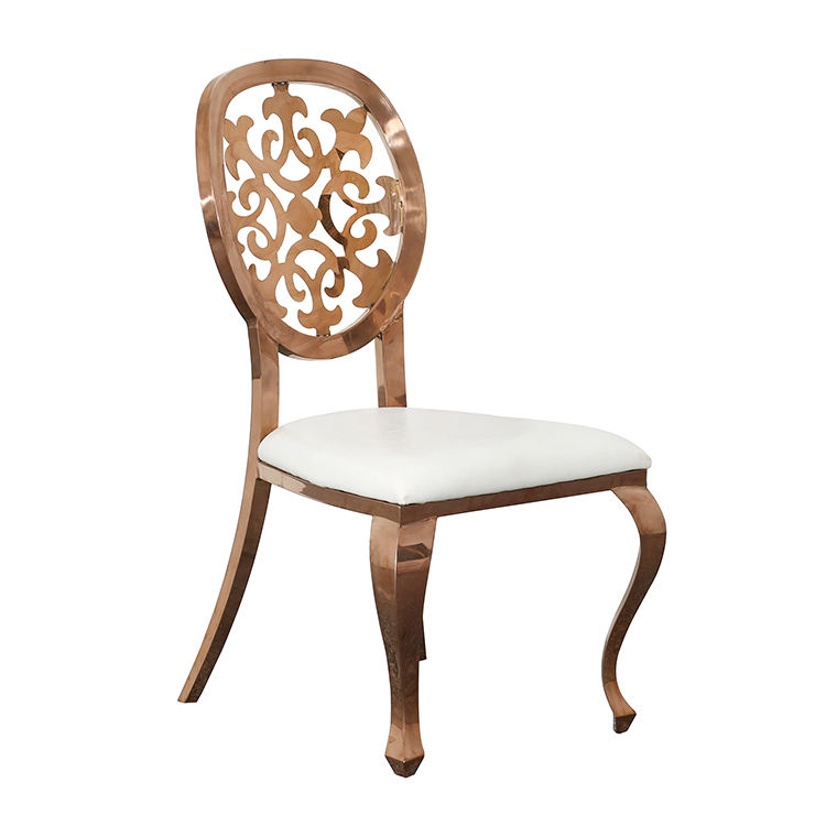 Rose Gold Ornate Cutout Back Dining Chair - White Upholstered Luxury Accent Chair
