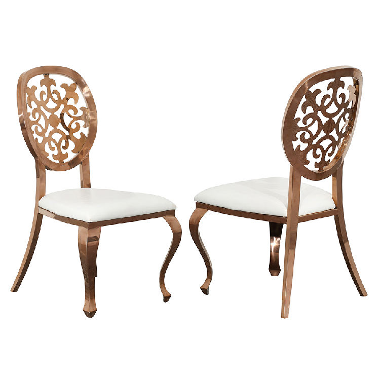 Rose Gold Ornate Cutout Back Dining Chair - White Upholstered Luxury Accent Chair