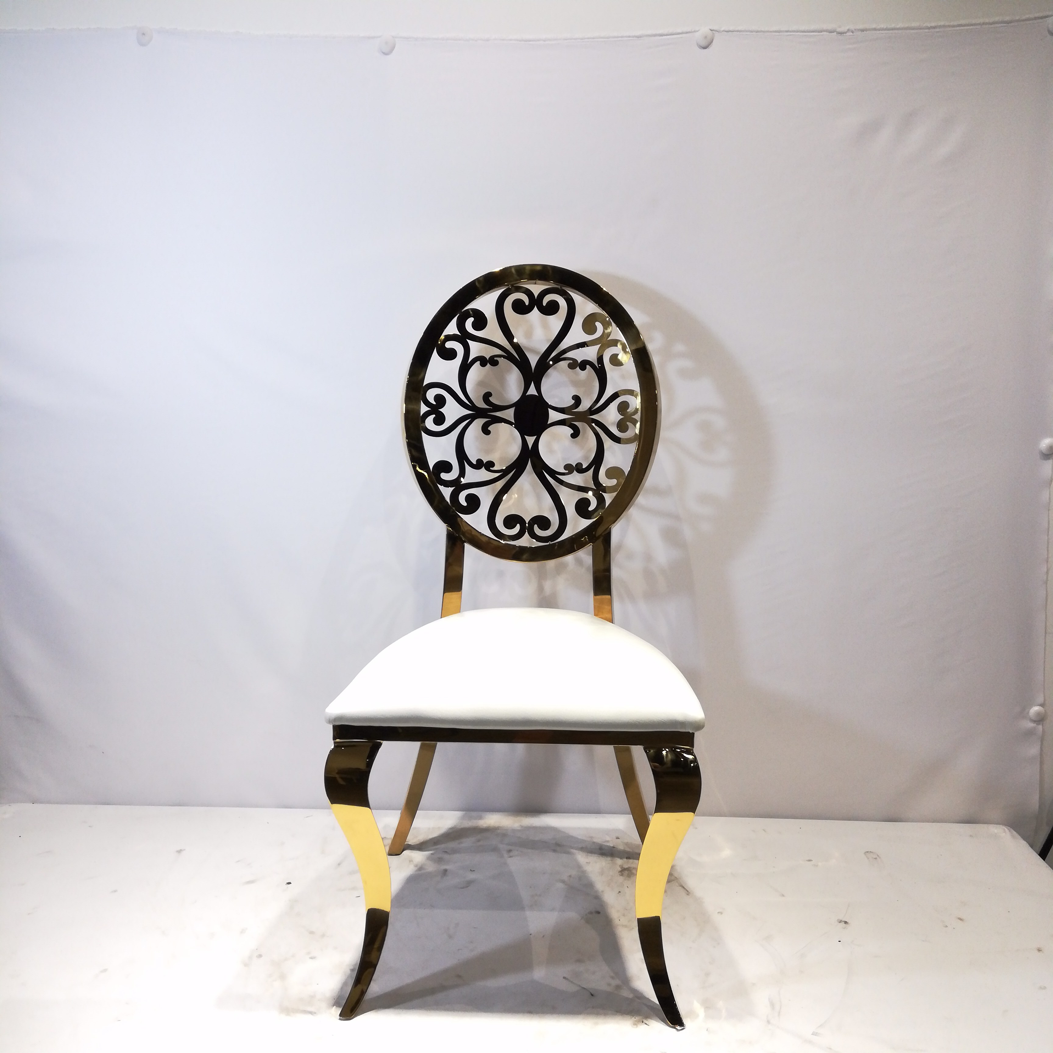 Gold Ornate Medallion Back Dining Chair - White Upholstered Luxury Accent Chair