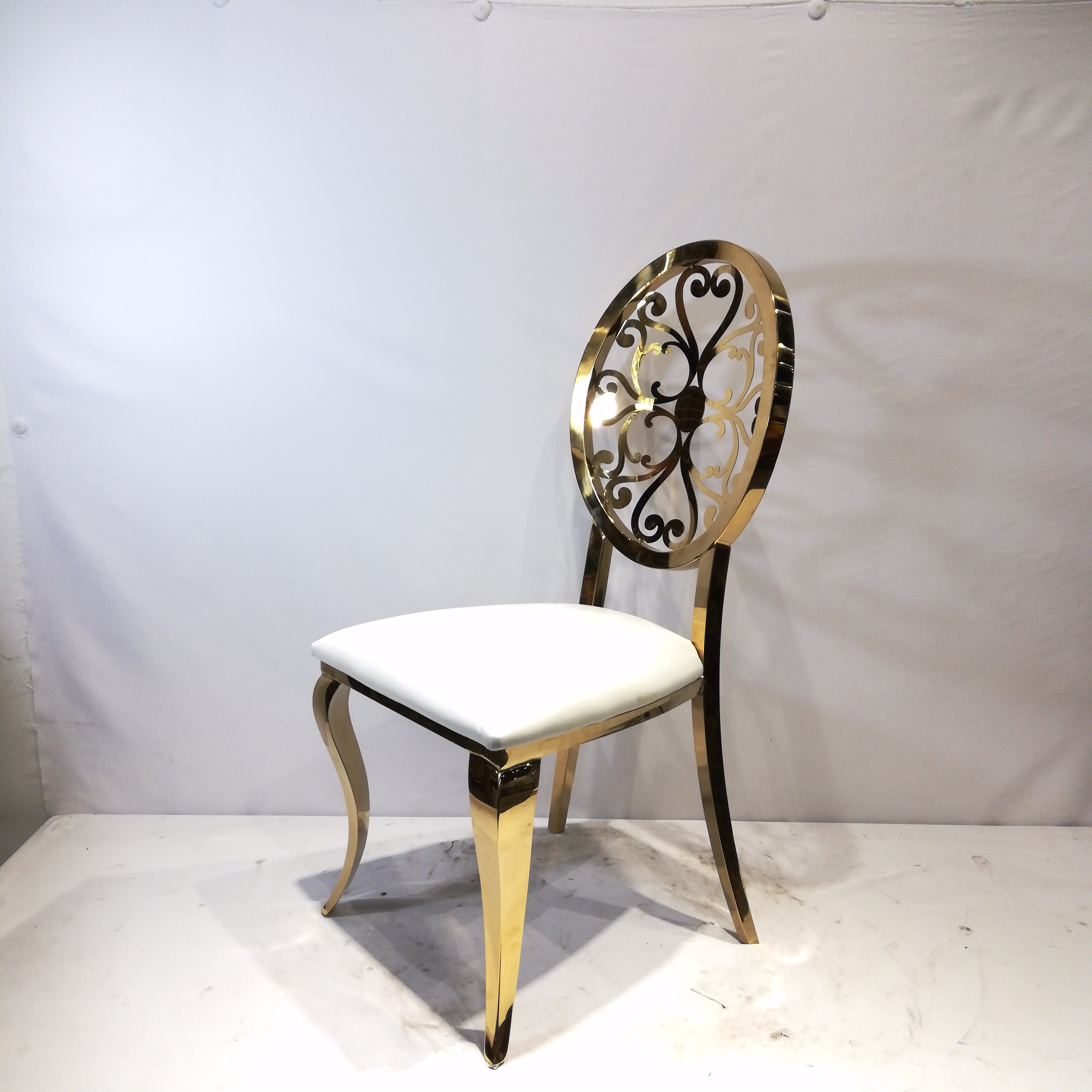Gold Ornate Medallion Back Dining Chair - White Upholstered Luxury Accent Chair
