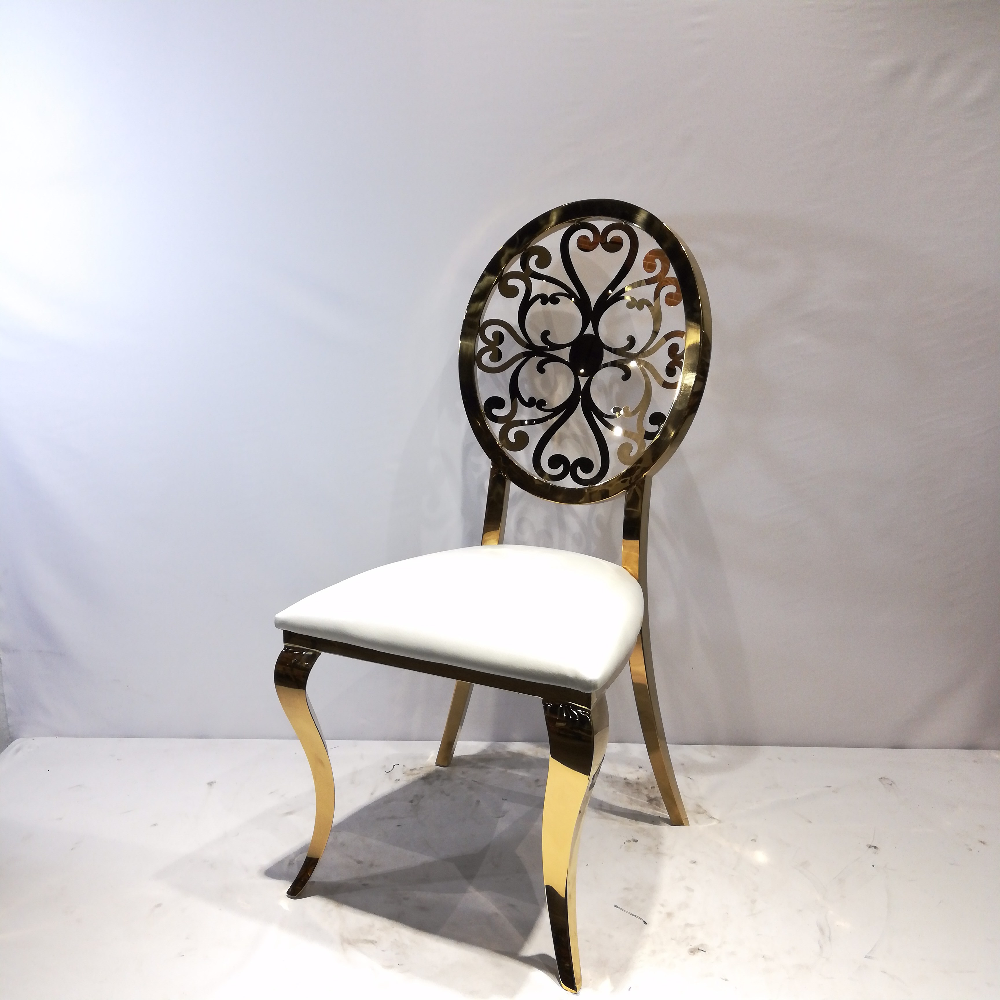 Gold Ornate Medallion Back Dining Chair - White Upholstered Luxury Accent Chair