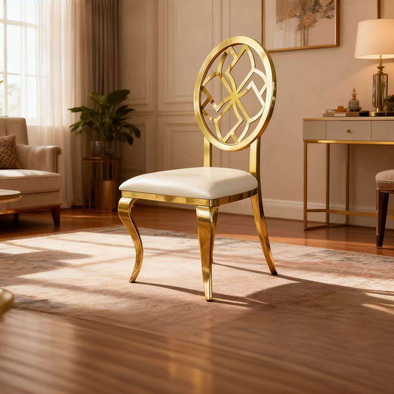 Gold Geometric Pattern Back Dining Chair - Cream Upholstered Luxury Accent Chair
