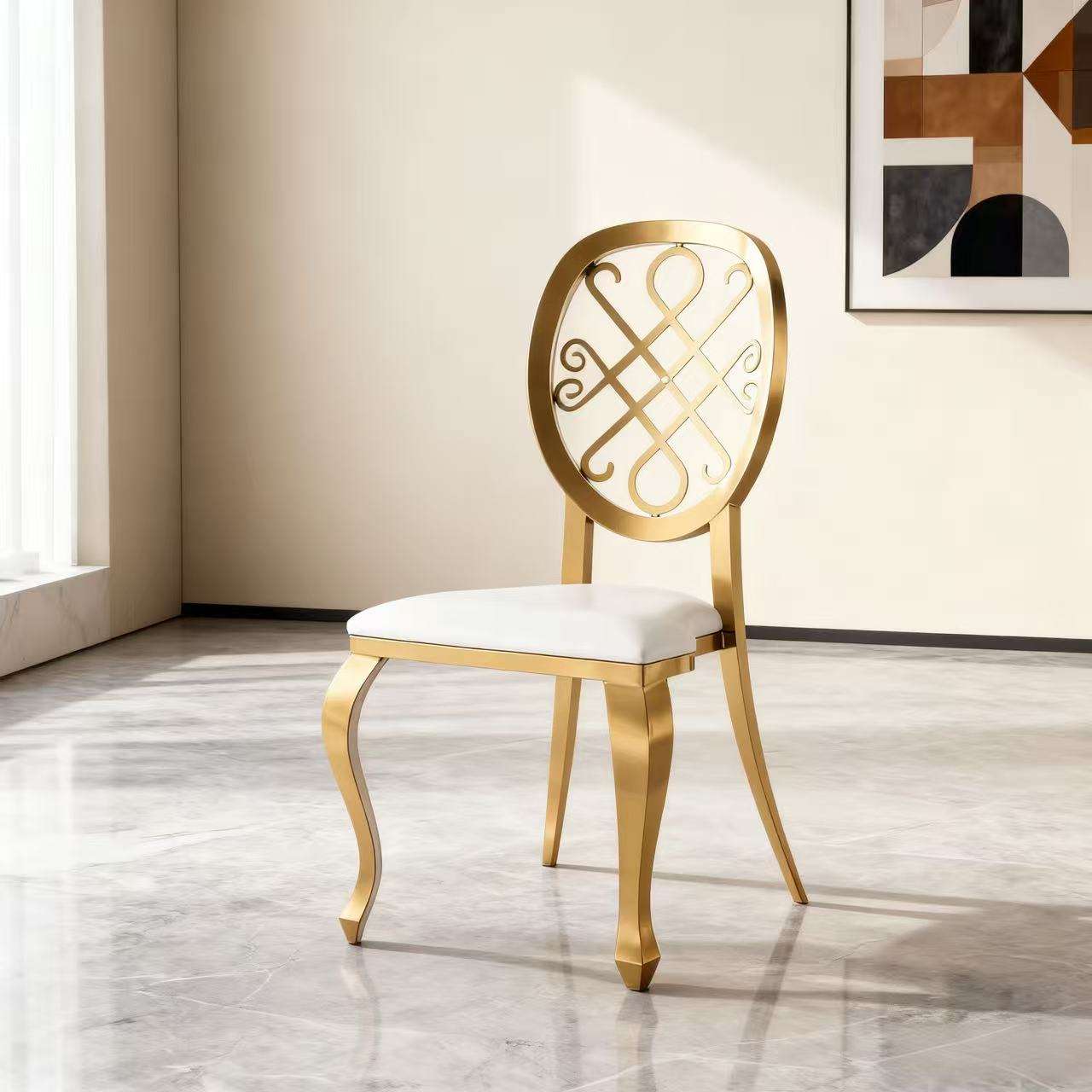 Gold Intertwined Scroll Back Dining Chair - White Upholstered Luxury Accent Chair