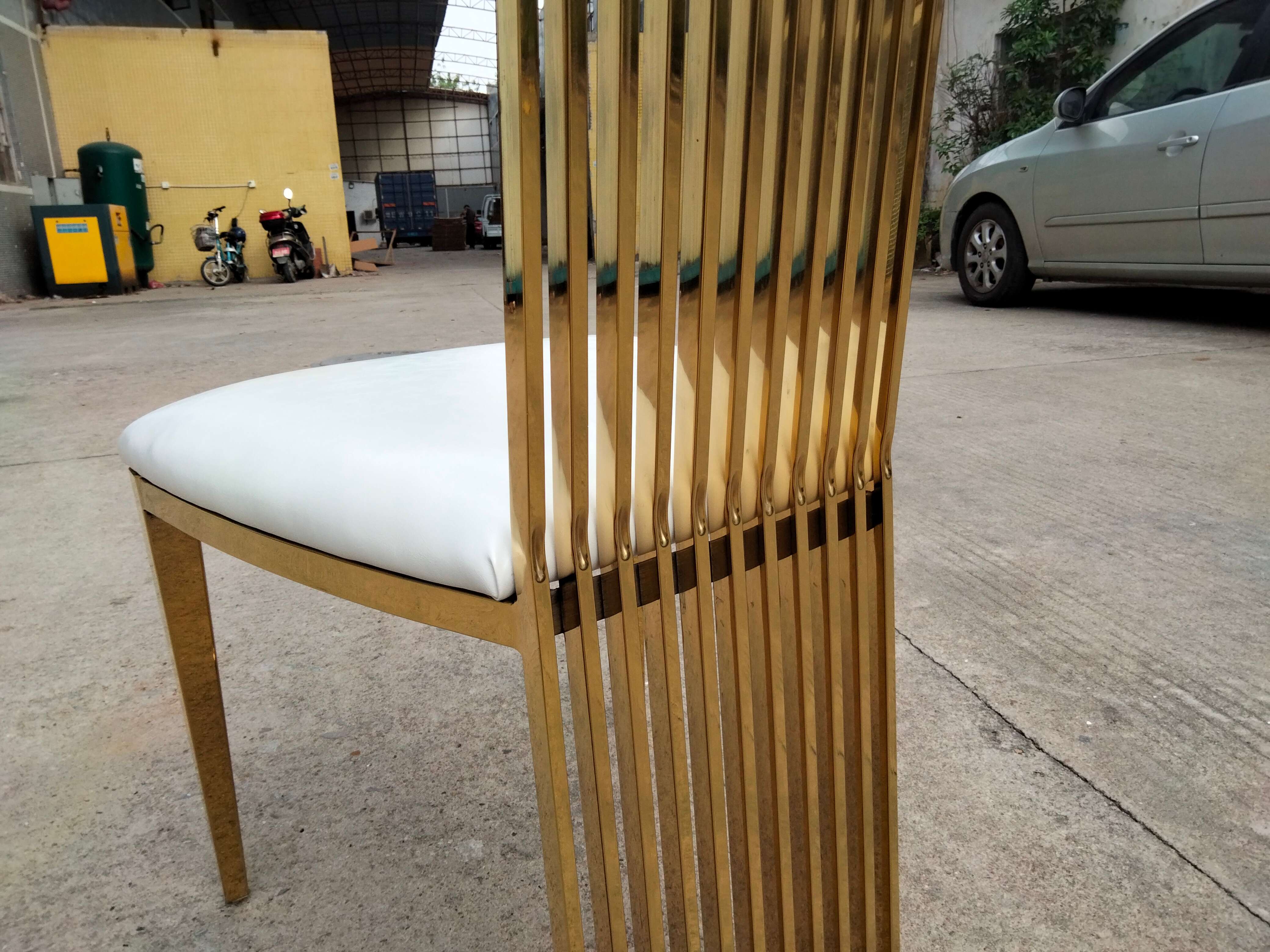 Gold Vertical Slat High-Back Dining Chair - White Upholstered Modern Luxury Accent Chair