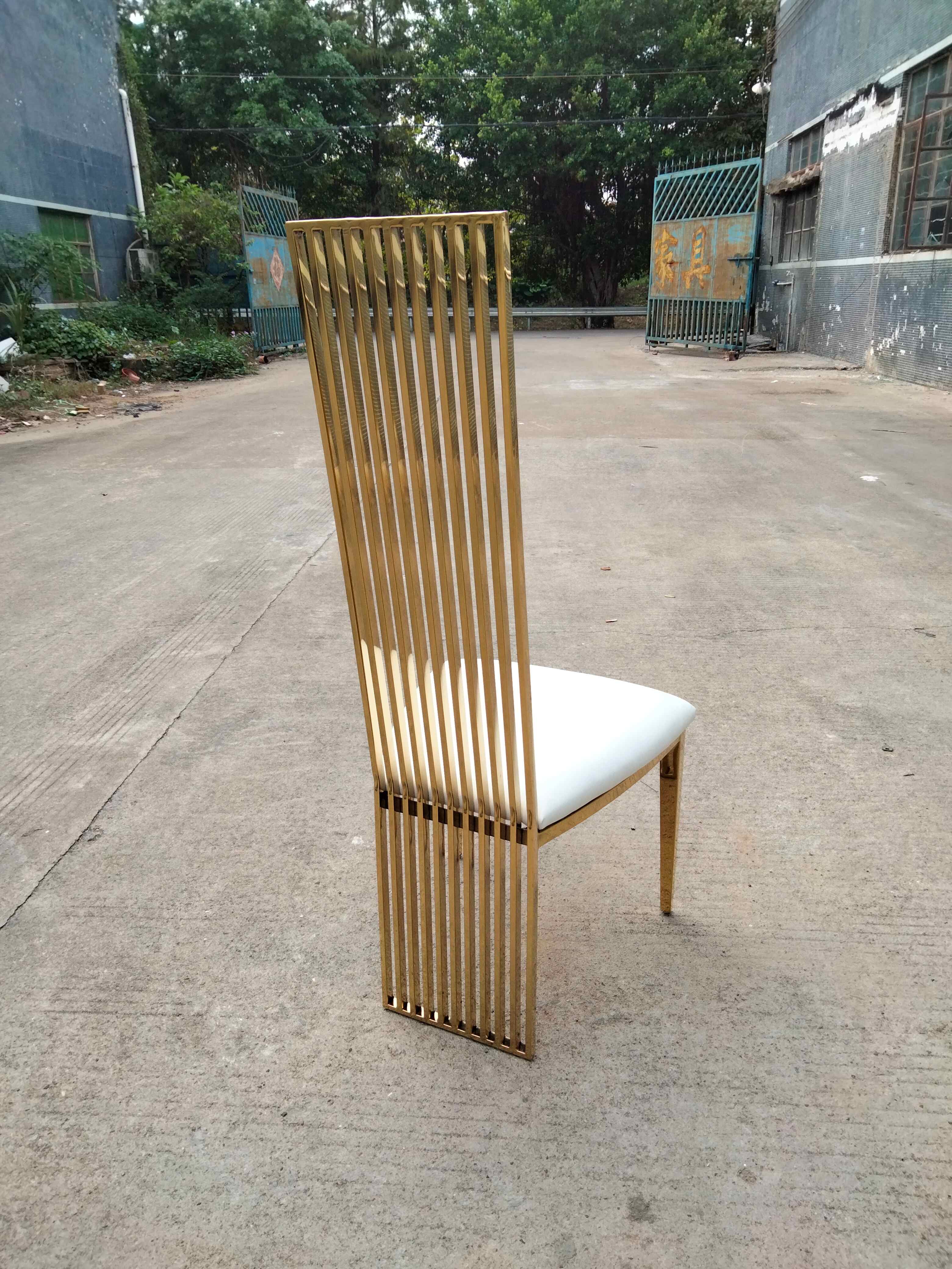 Gold Vertical Slat High-Back Dining Chair - White Upholstered Modern Luxury Accent Chair
