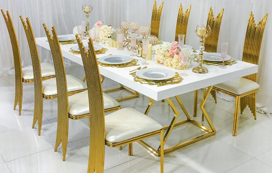 Gold Ribbed High-Back Dining Chair - Cream Upholstered Modern Luxury Accent Chair