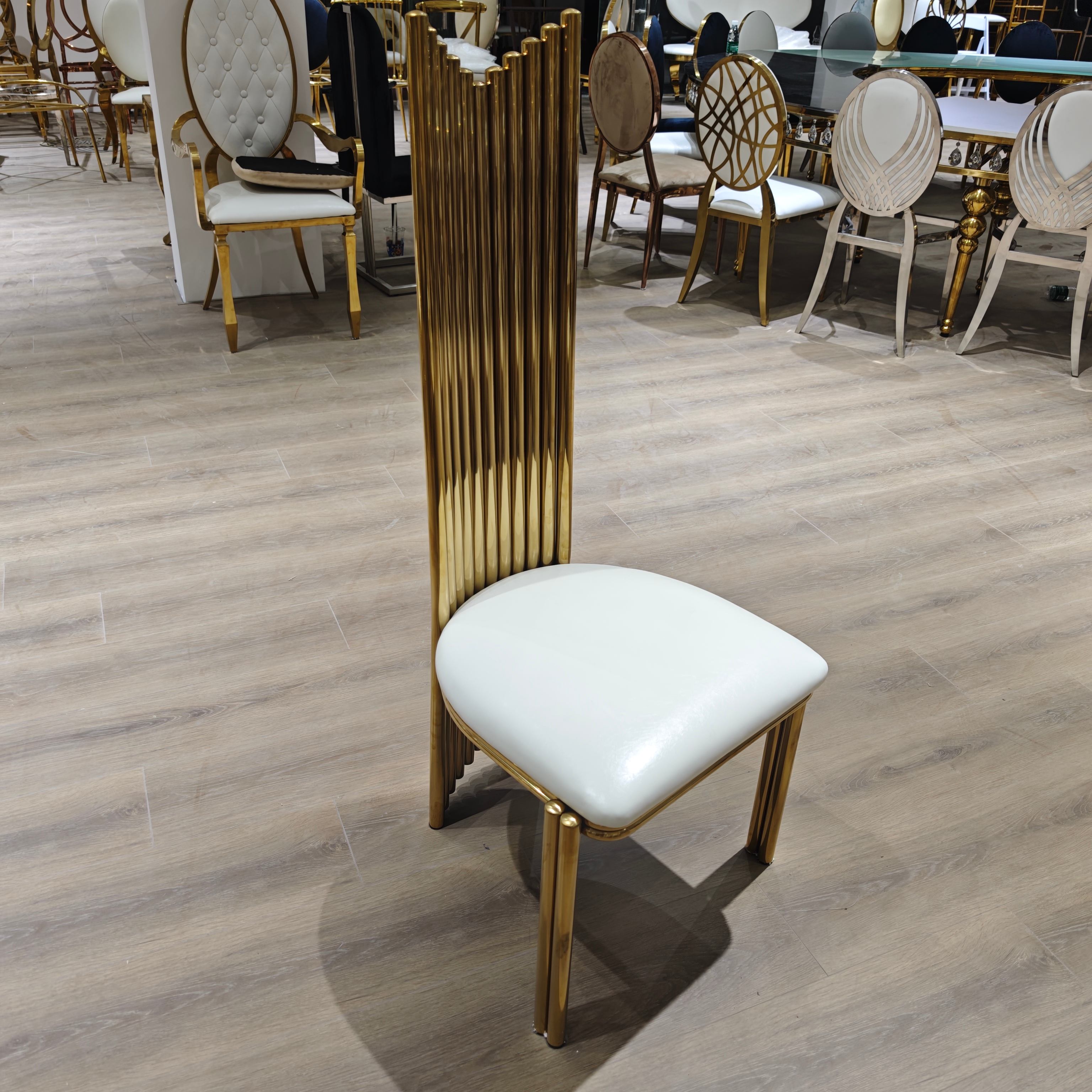 Gold Ribbed High-Back Dining Chair - Cream Upholstered Modern Luxury Accent Chair
