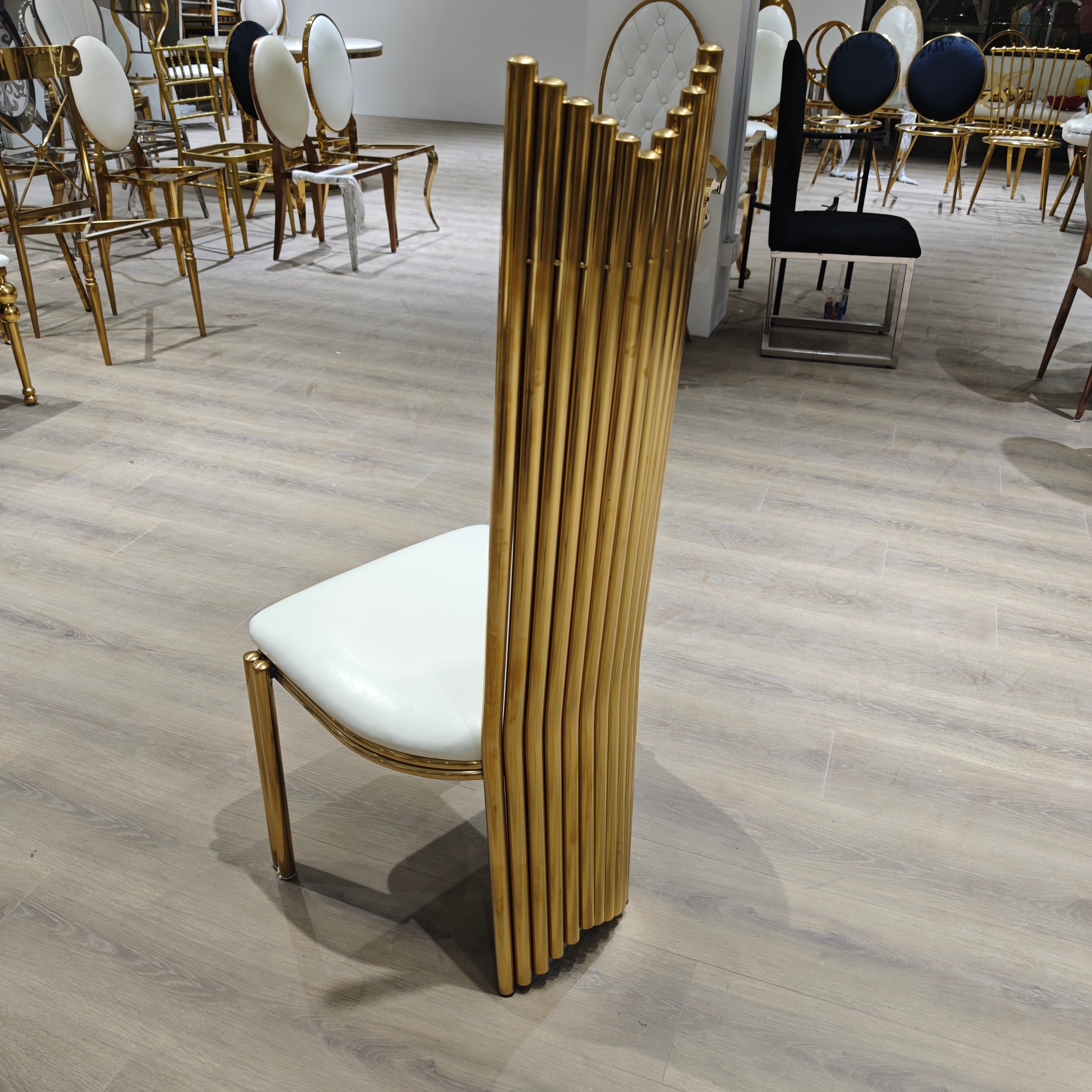 Gold Ribbed High-Back Dining Chair - Cream Upholstered Modern Luxury Accent Chair