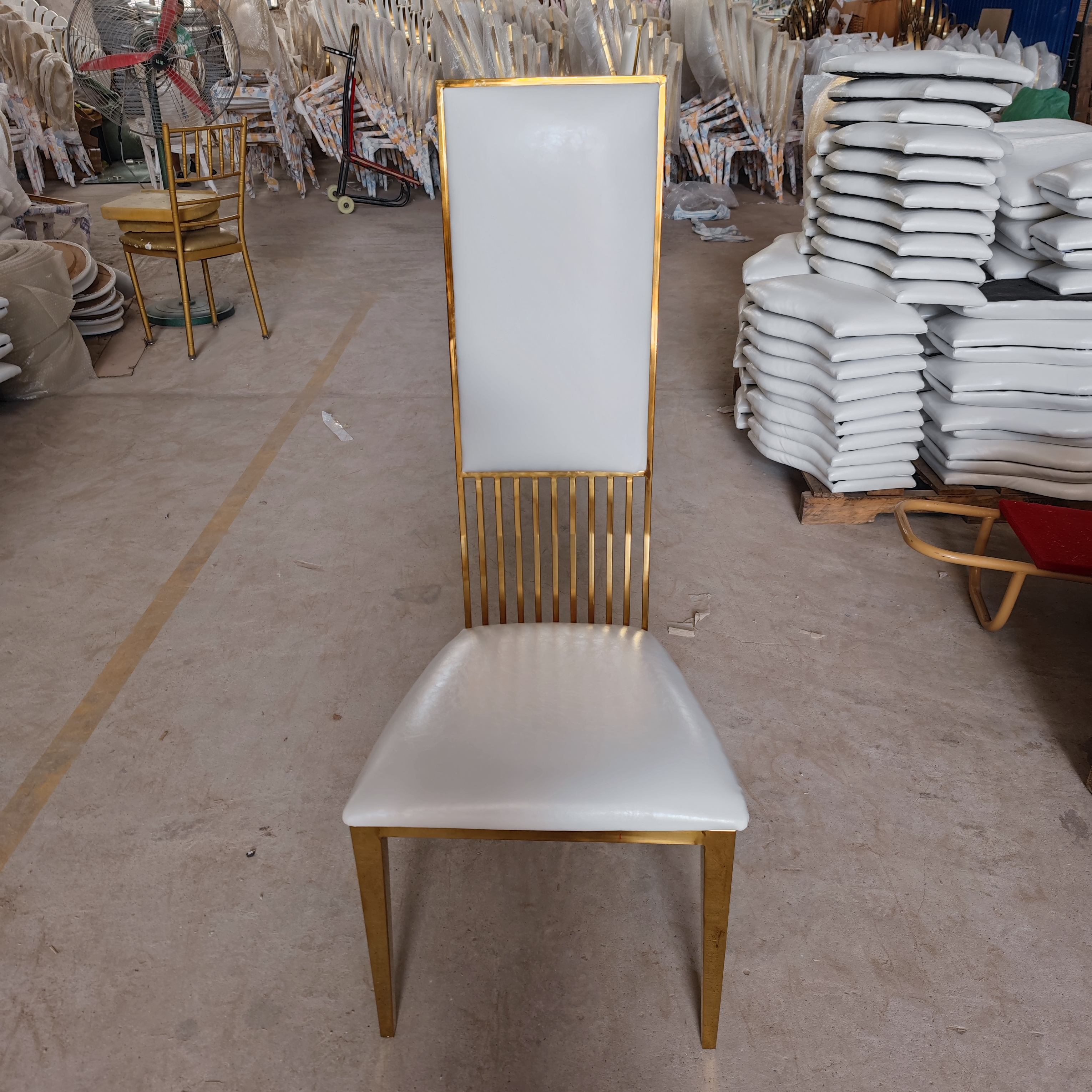 Gold & White Paneled High-Back Dining Chair - Upholstered Modern Luxury Accent Chair