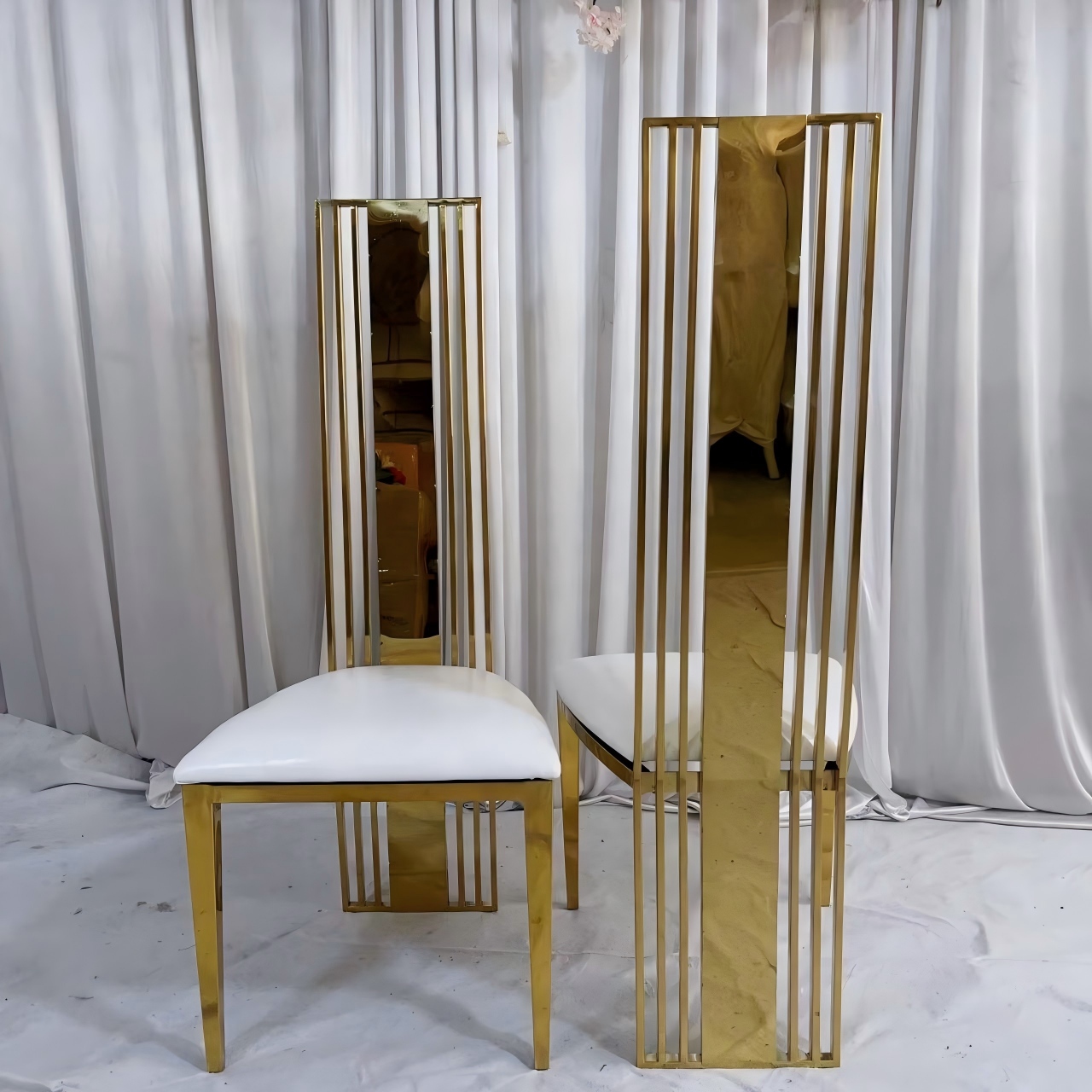 Gold Mirrored Vertical Slat High-Back Dining Chair - White Upholstered Modern Luxury Accent Chair