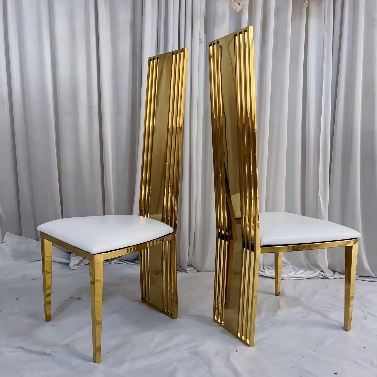 Gold Mirrored Vertical Slat High-Back Dining Chair - White Upholstered Modern Luxury Accent Chair