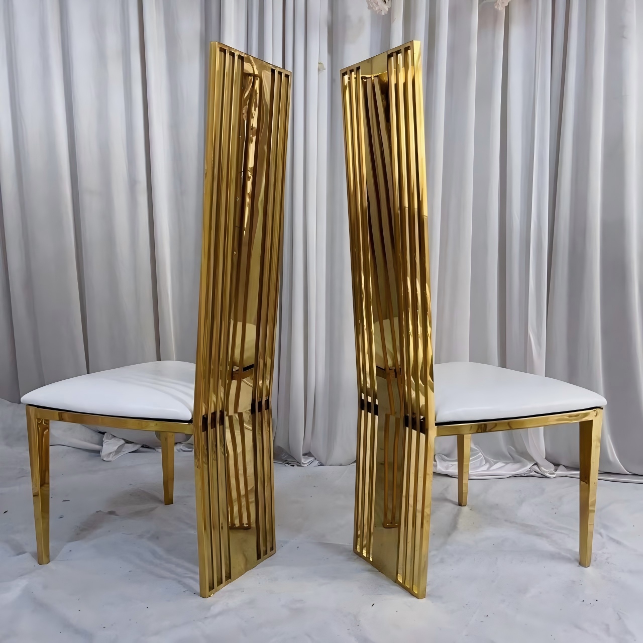 Gold Mirrored Vertical Slat High-Back Dining Chair - White Upholstered Modern Luxury Accent Chair