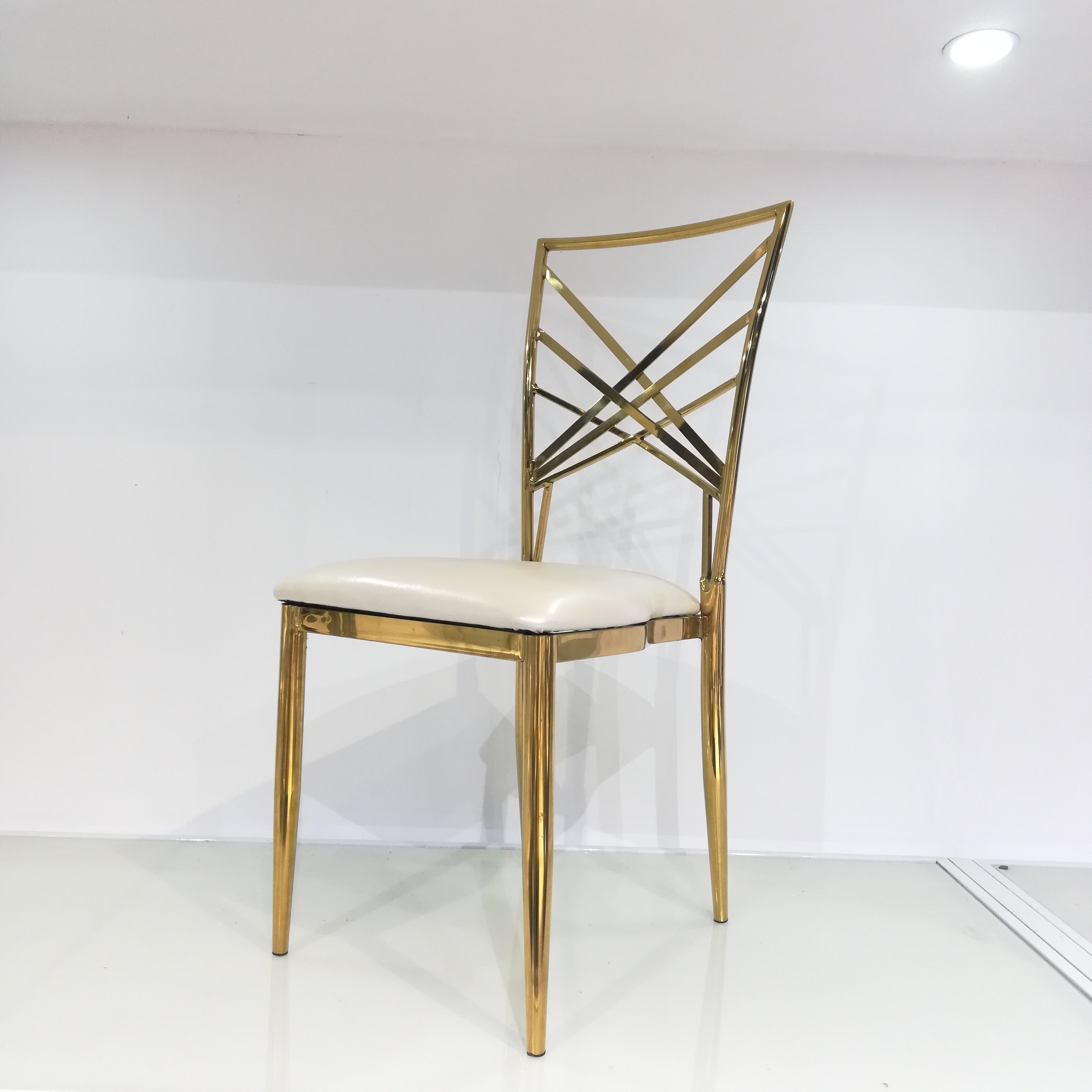 Gold Crisscross Back Dining Chair - Cream Upholstered Modern Luxury Accent Chair