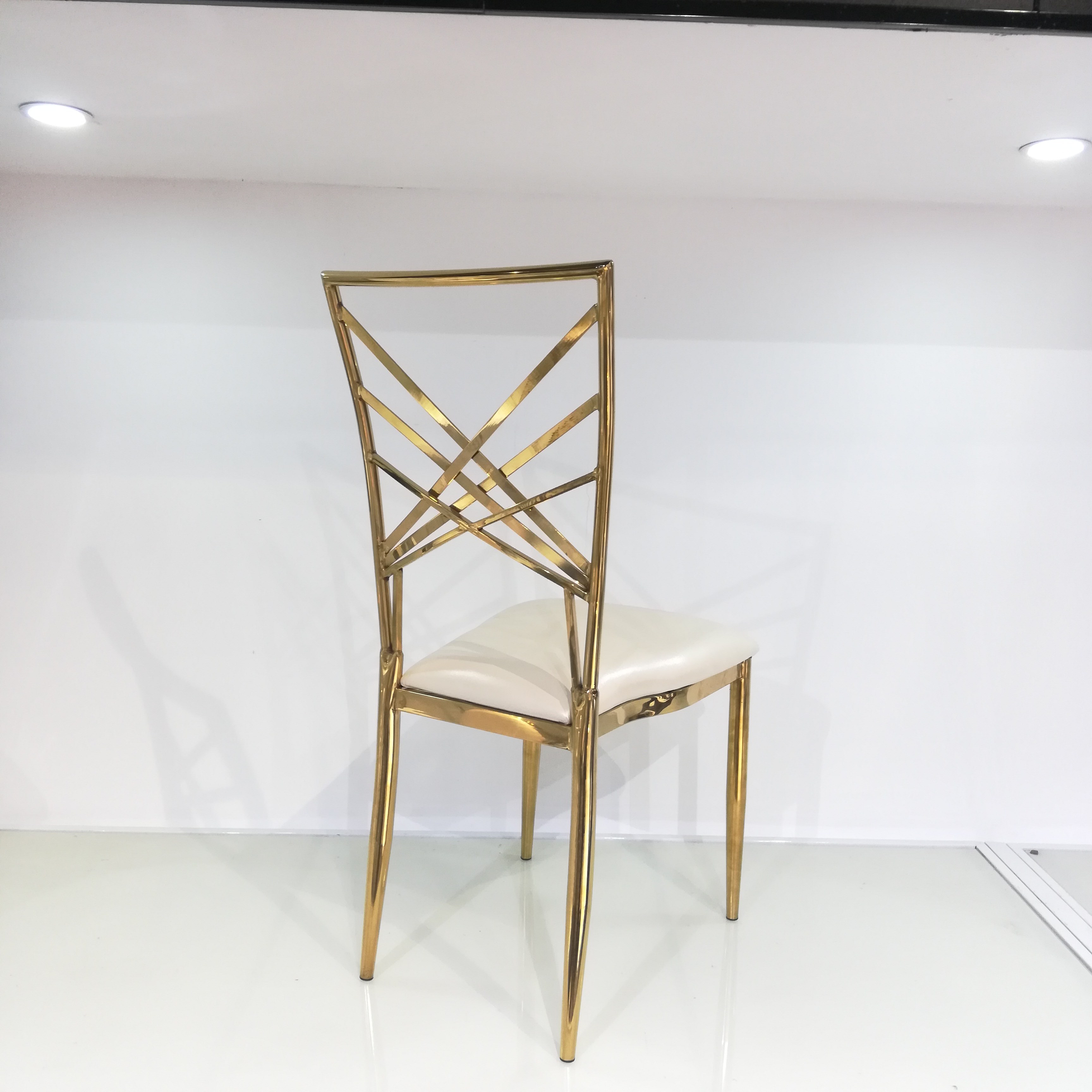 Gold Crisscross Back Dining Chair - Cream Upholstered Modern Luxury Accent Chair
