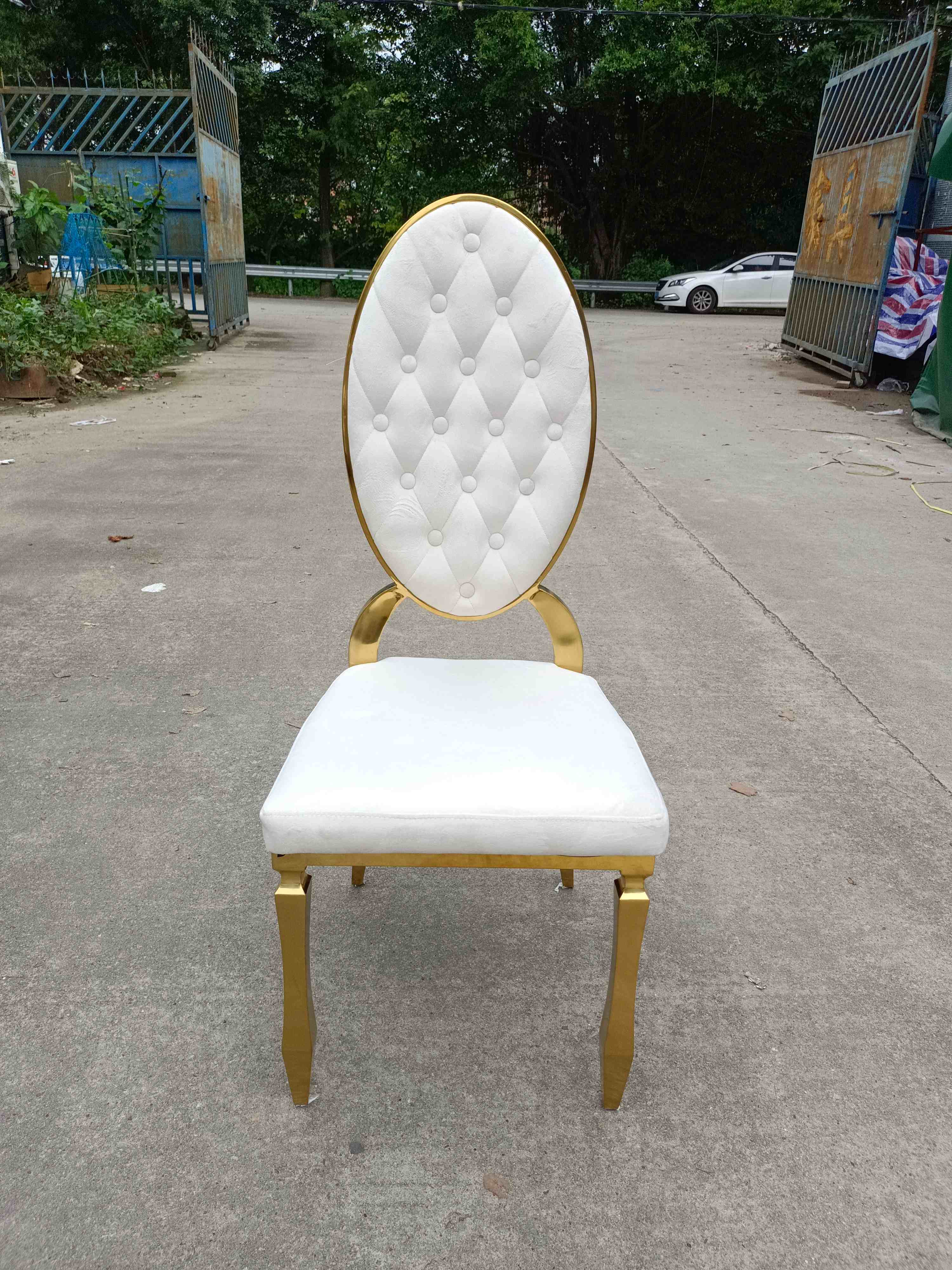 Gold Trim Tufted Oval Back Dining Chair - White Upholstered Luxury Accent Chair