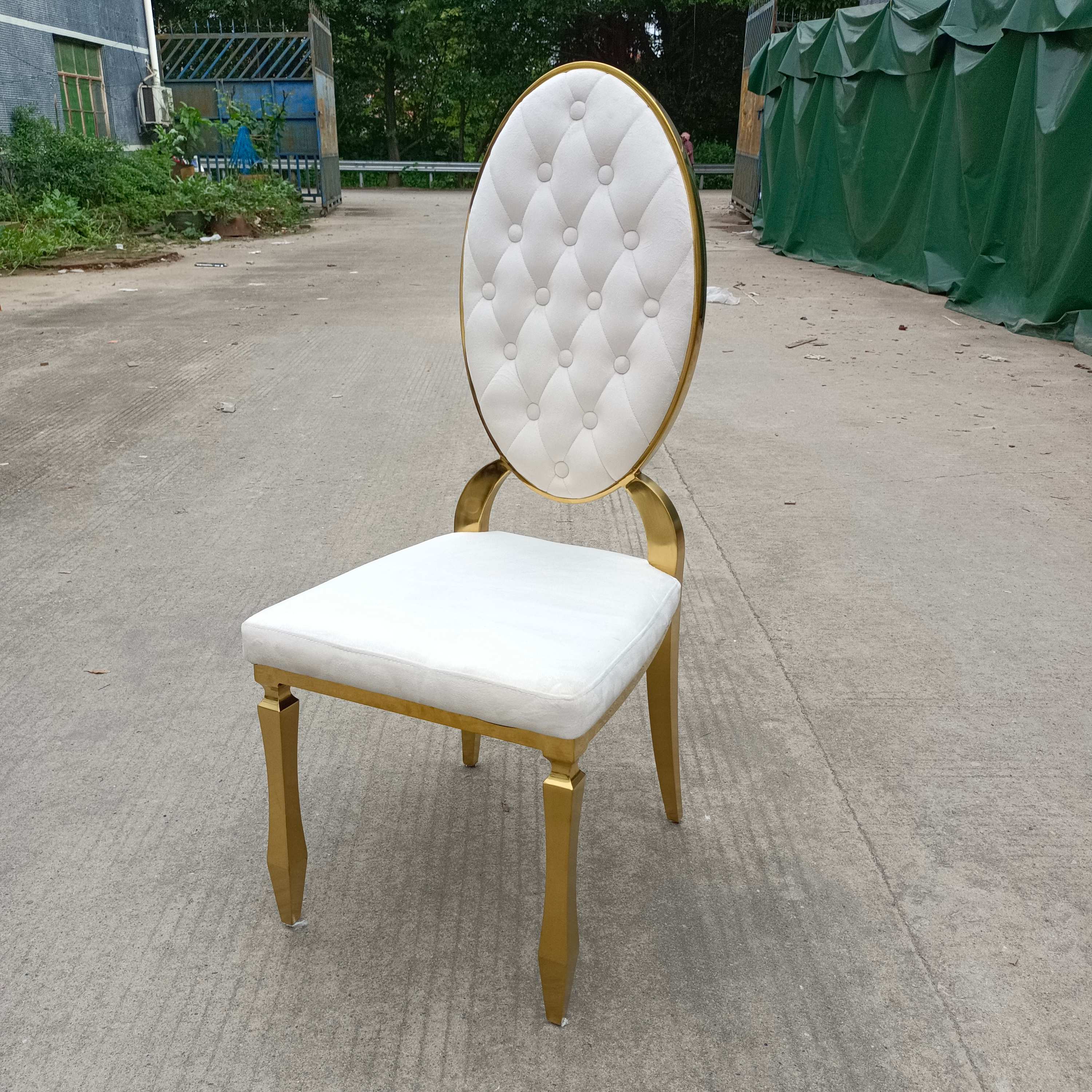 Gold Trim Tufted Oval Back Dining Chair - White Upholstered Luxury Accent Chair