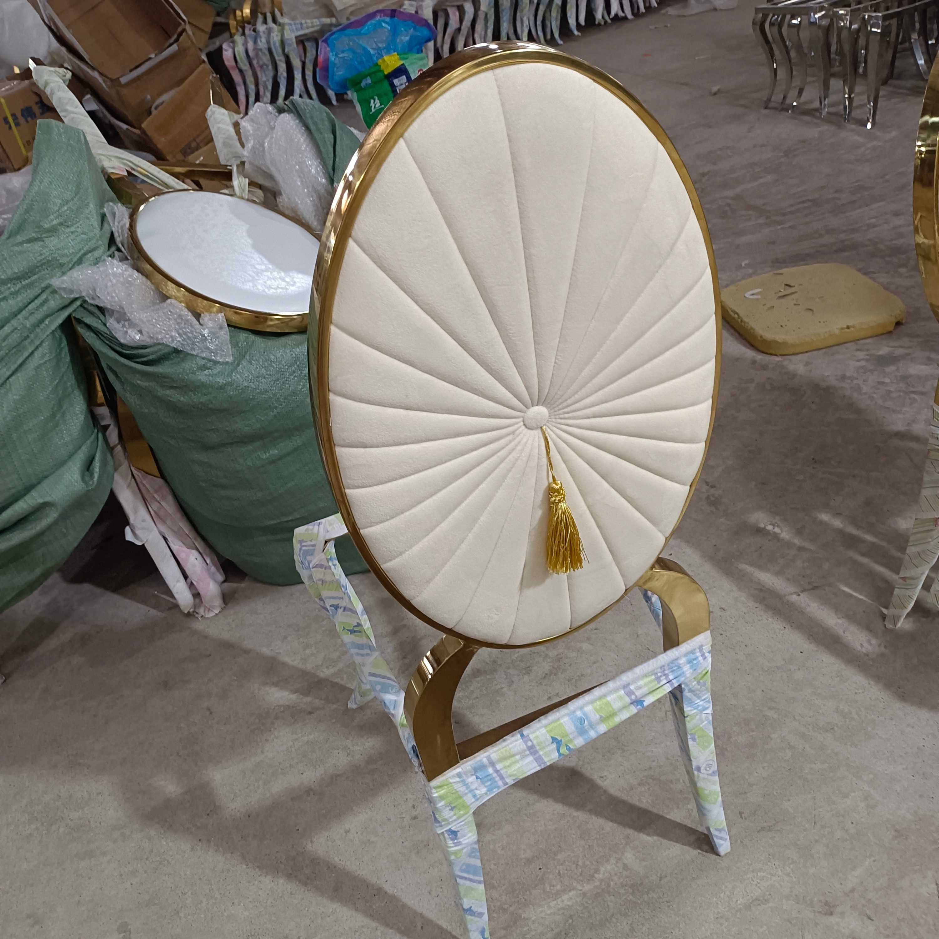 Gold Trim Tufted Oval Back Dining Chair - White Upholstered Luxury Accent Chair