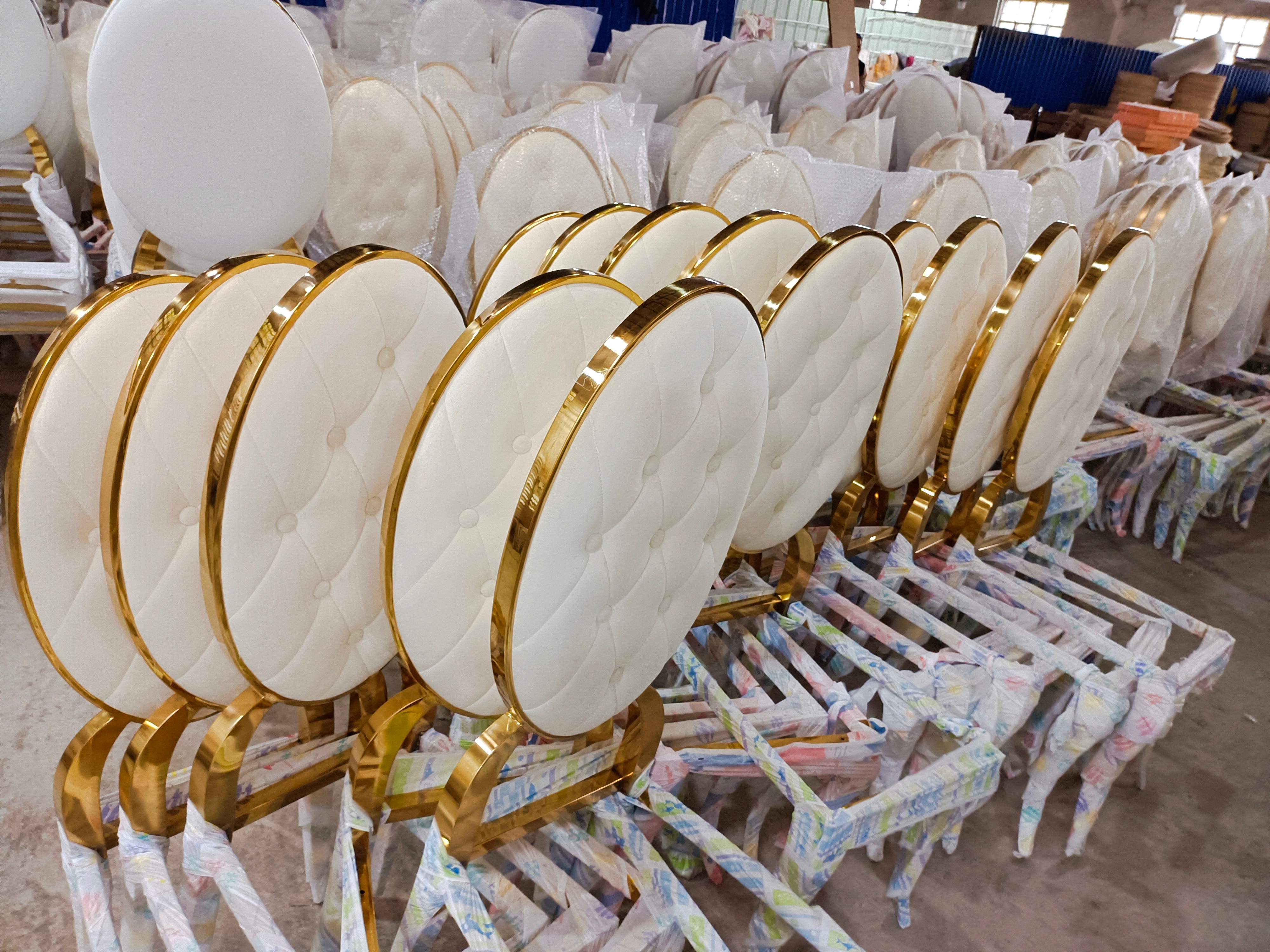 Gold Trim Tufted Oval Back Dining Chair - White Upholstered Luxury Accent Chair