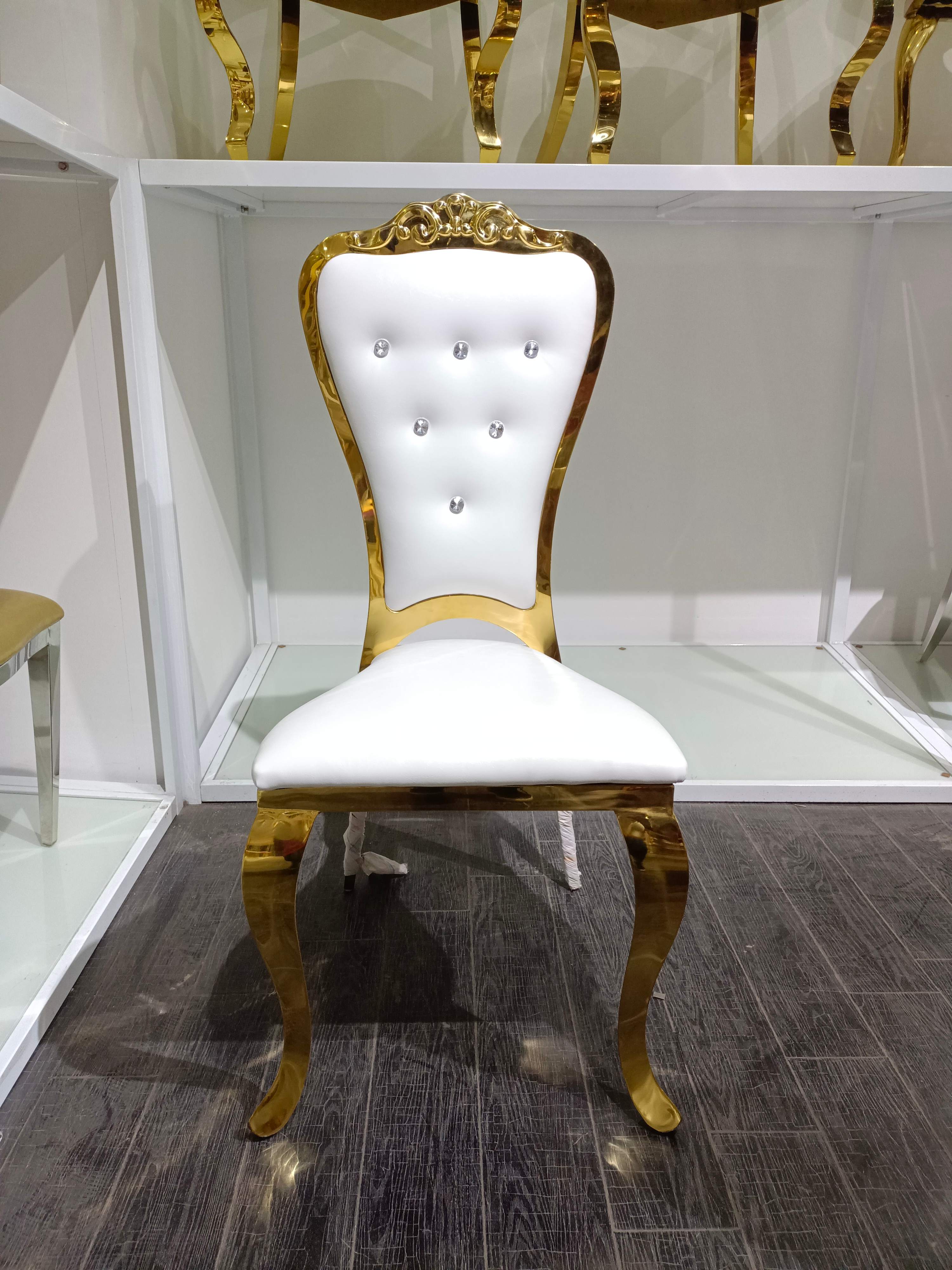 Gold Ornate Trim Crystal-Tufted Back Dining Chair - White Upholstered Luxury Accent Chair
