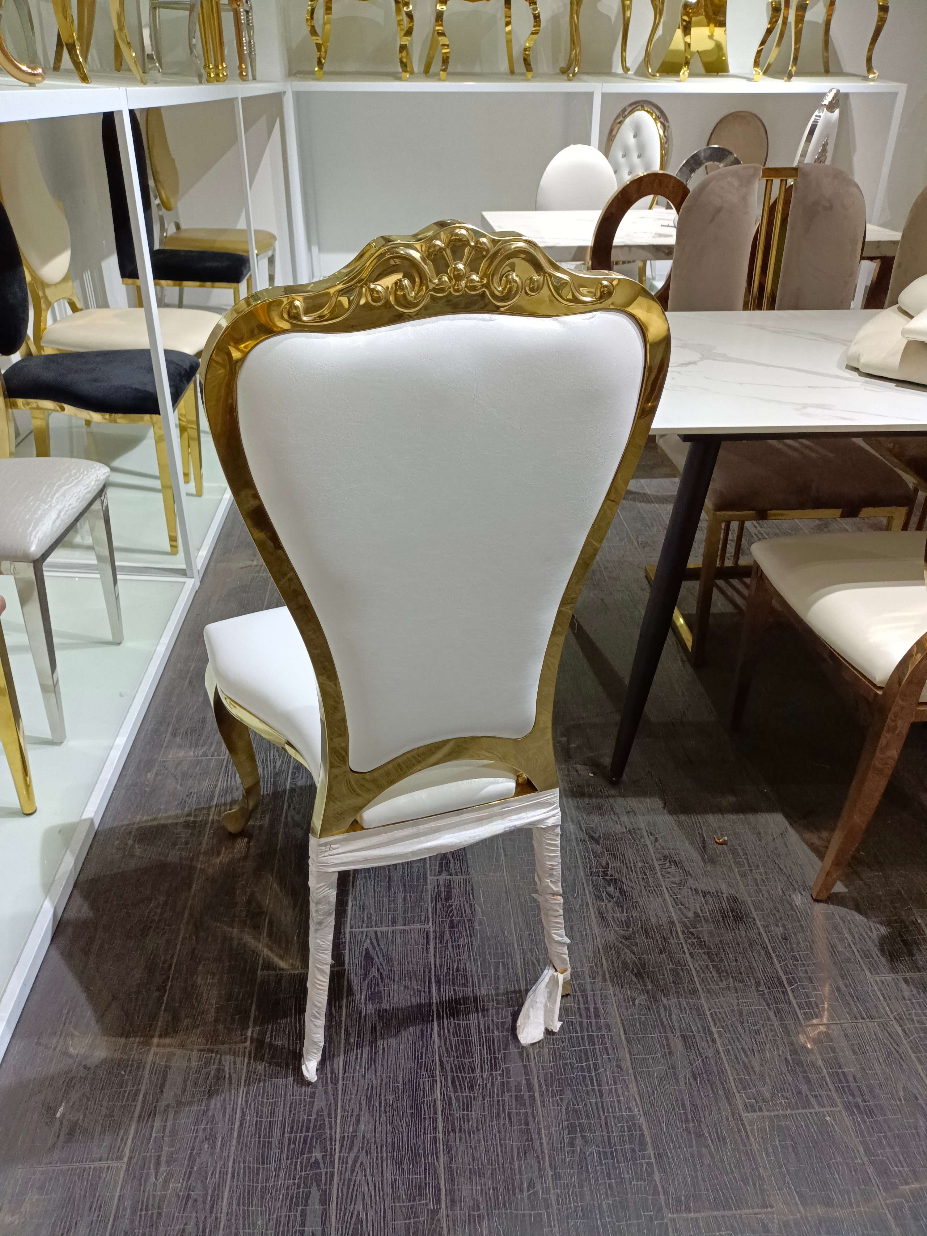 Gold Ornate Trim Crystal-Tufted Back Dining Chair - White Upholstered Luxury Accent Chair