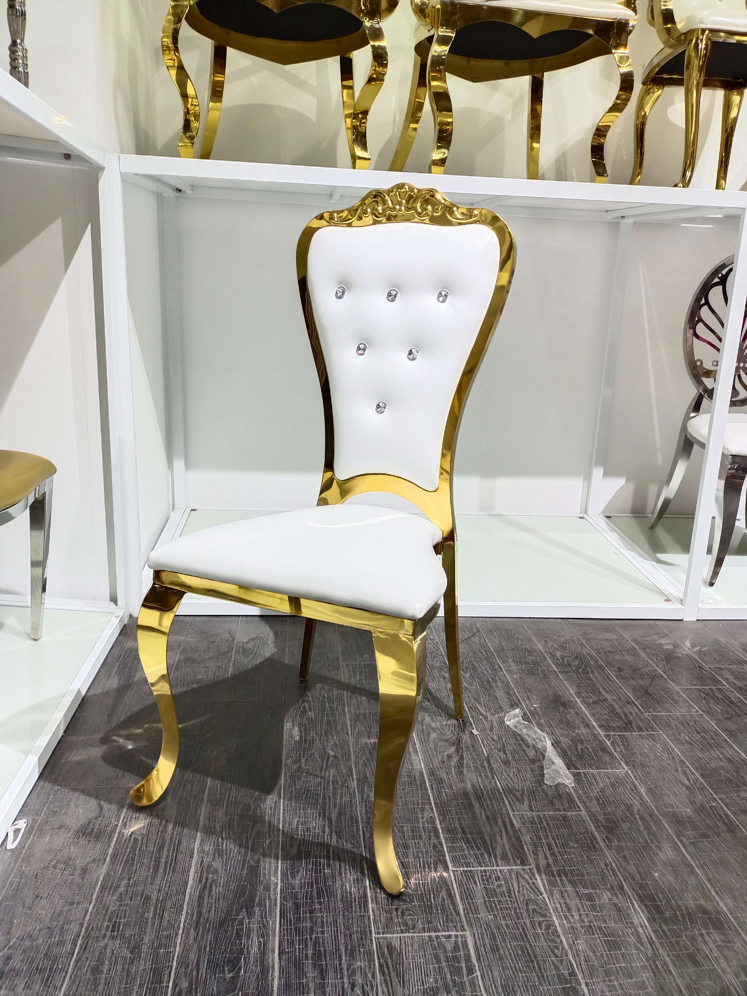 Gold Ornate Trim Crystal-Tufted Back Dining Chair - White Upholstered Luxury Accent Chair