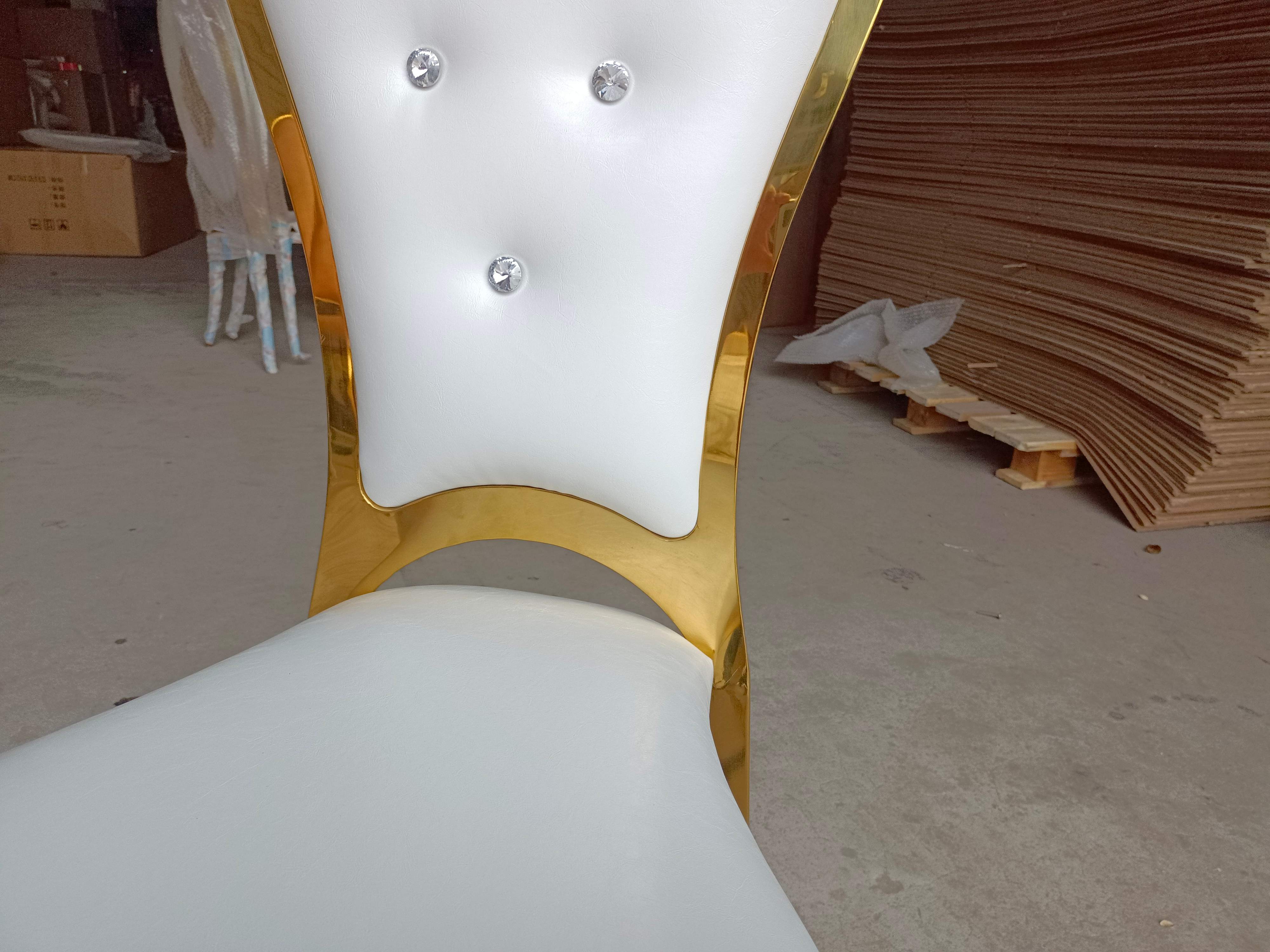 Gold Ornate Trim Crystal-Tufted Back Dining Chair - White Upholstered Luxury Accent Chair