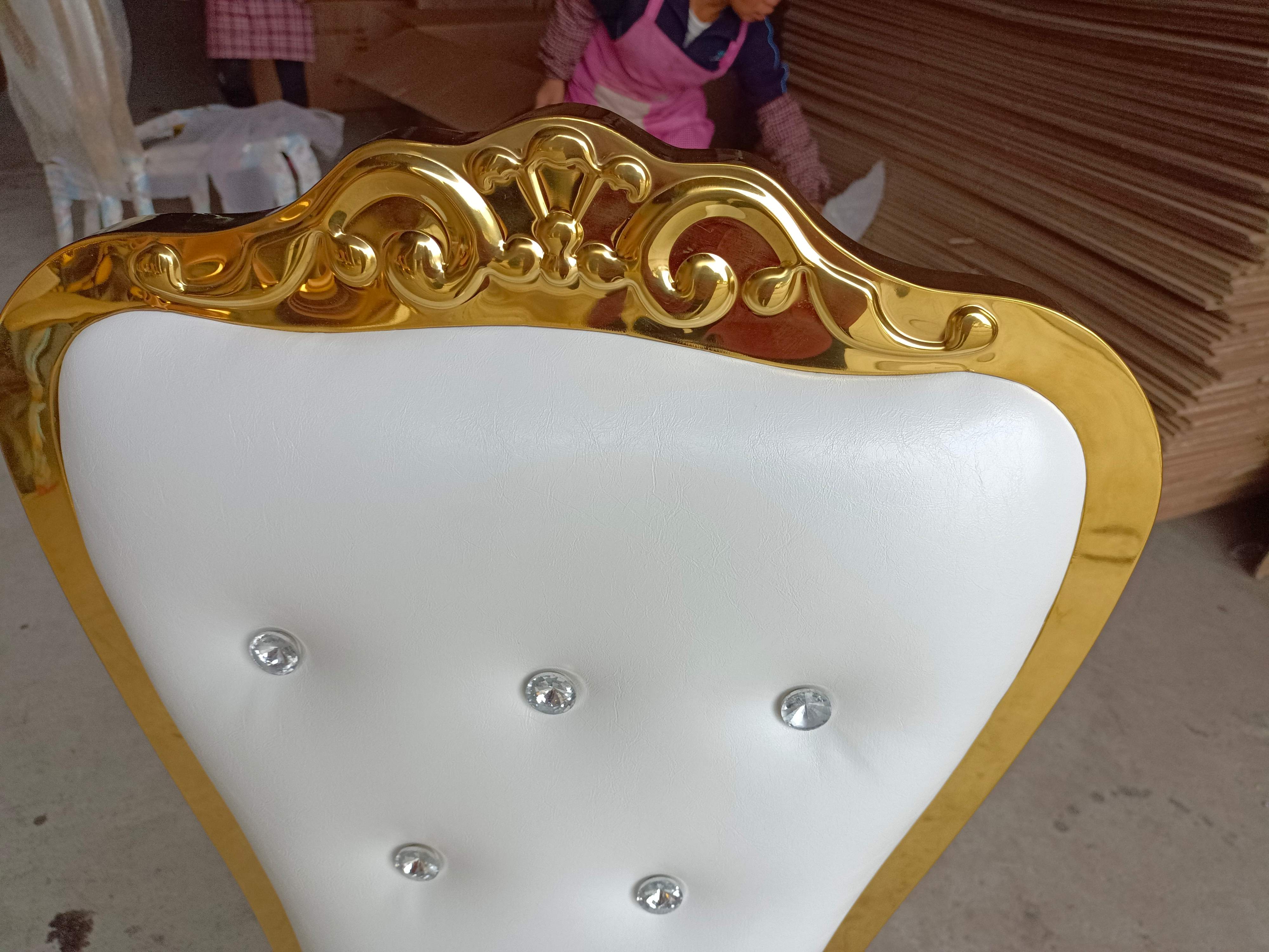 Gold Ornate Trim Crystal-Tufted Back Dining Chair - White Upholstered Luxury Accent Chair