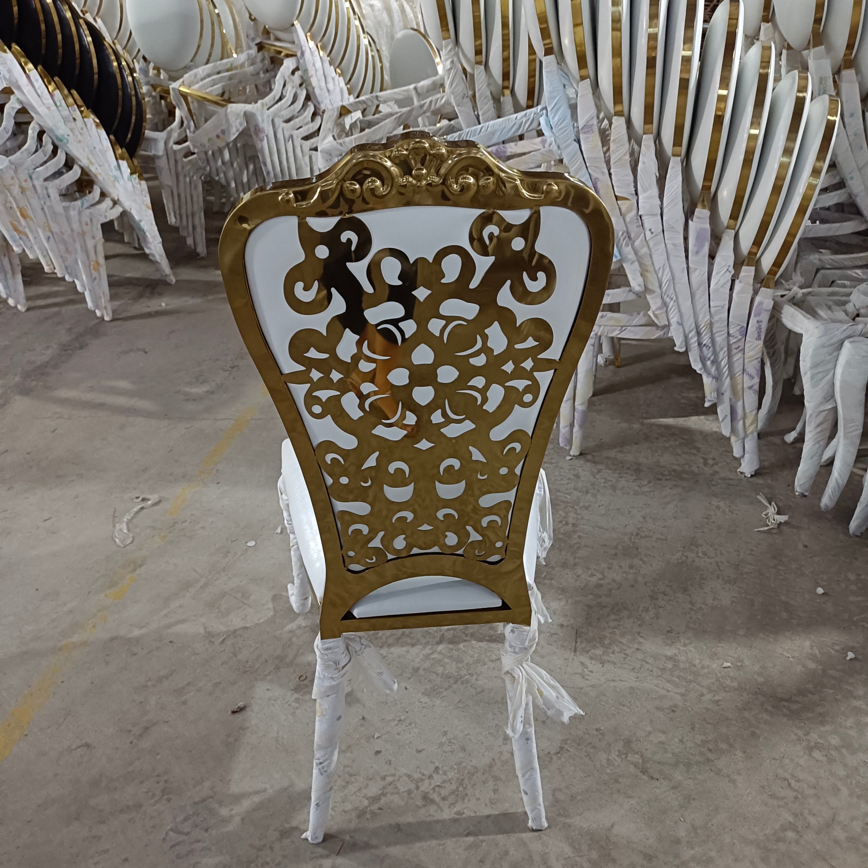 Gold Ornate Scroll Cutout Back Dining Chair - White Upholstered Luxury Accent Chair