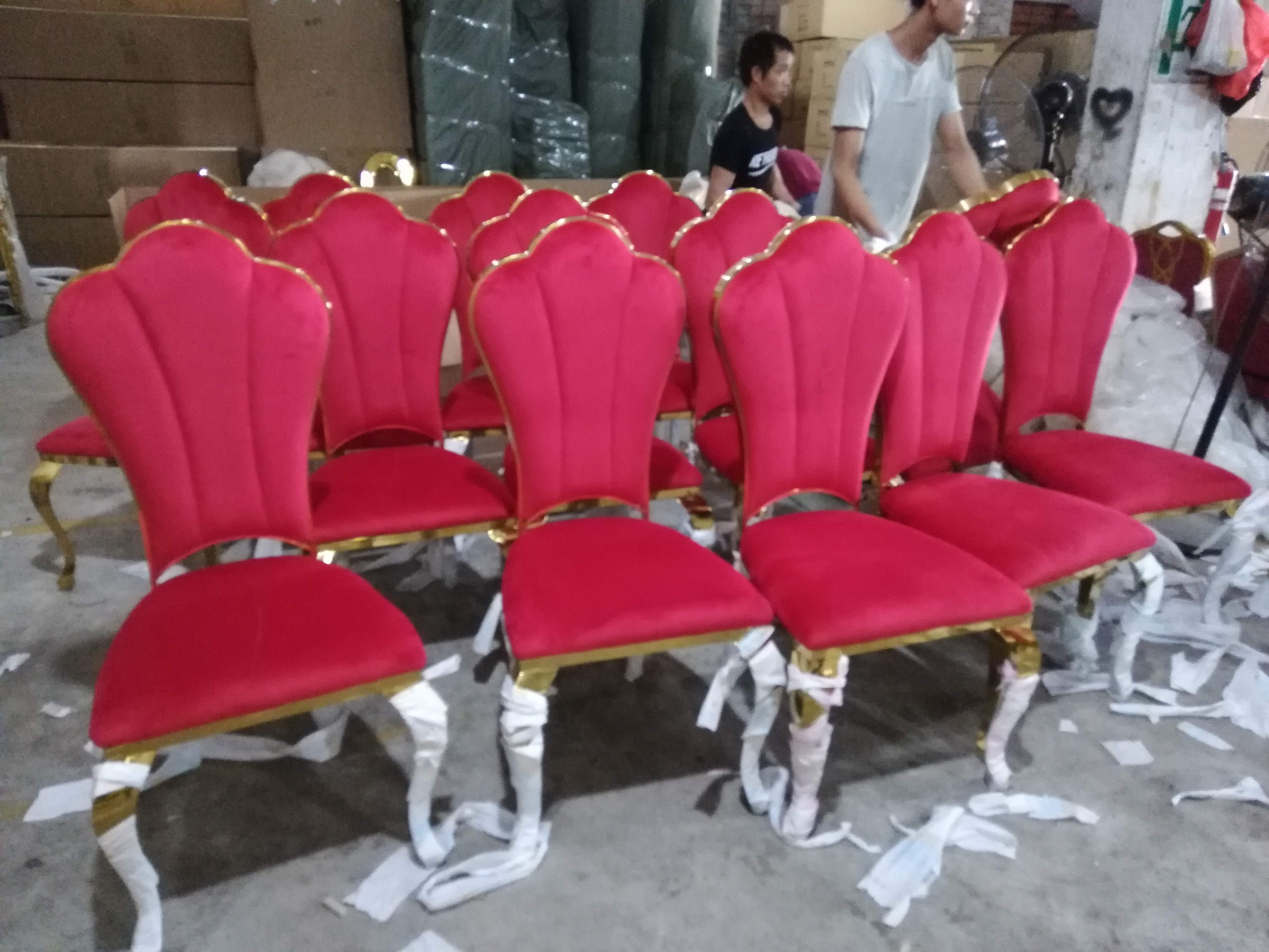 Gold Trim Red Velvet Scallop Back Dining Chair - Luxury Accent Chair