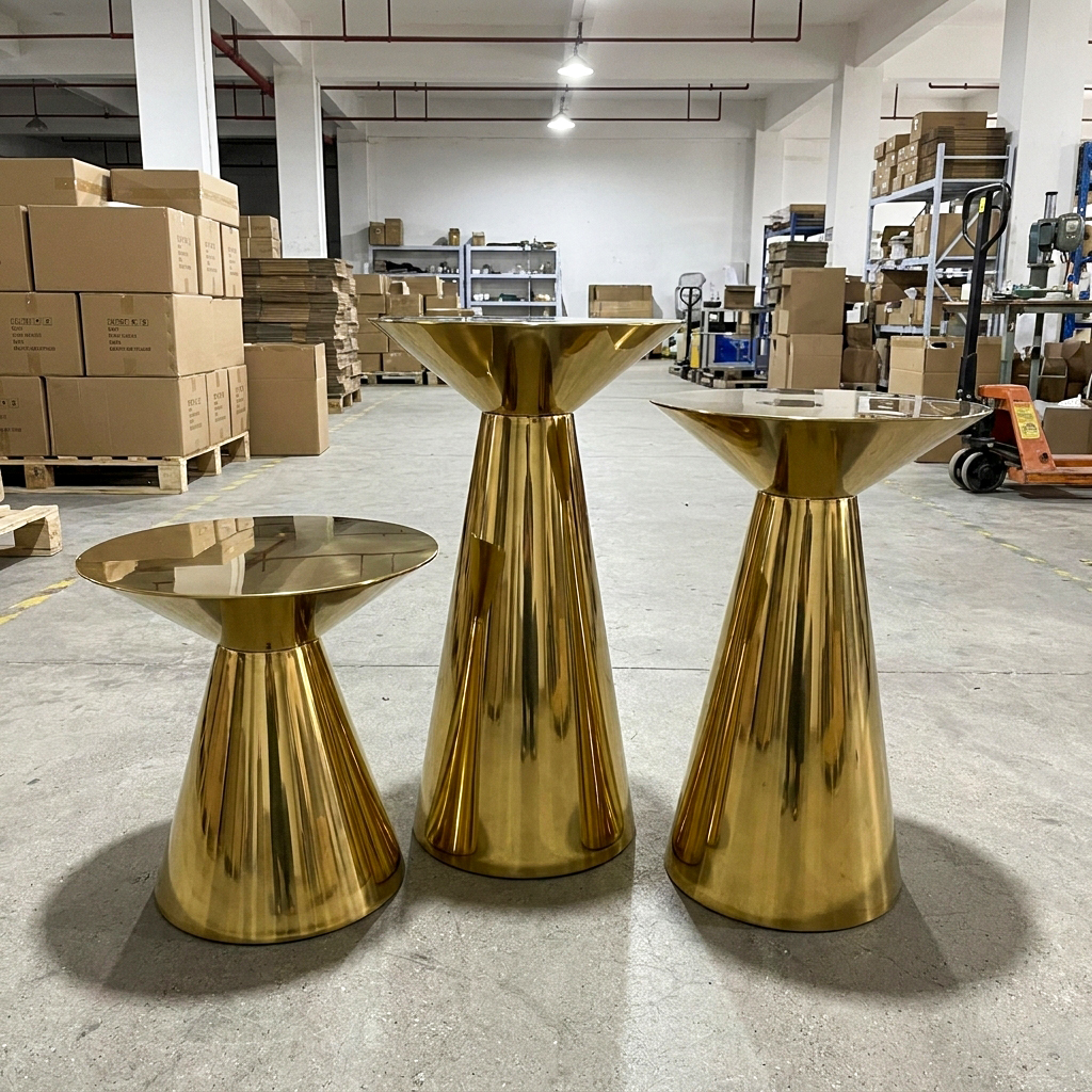 Gold Stainless Steel Round Coffee Side Table with Tapered Pedestal Base